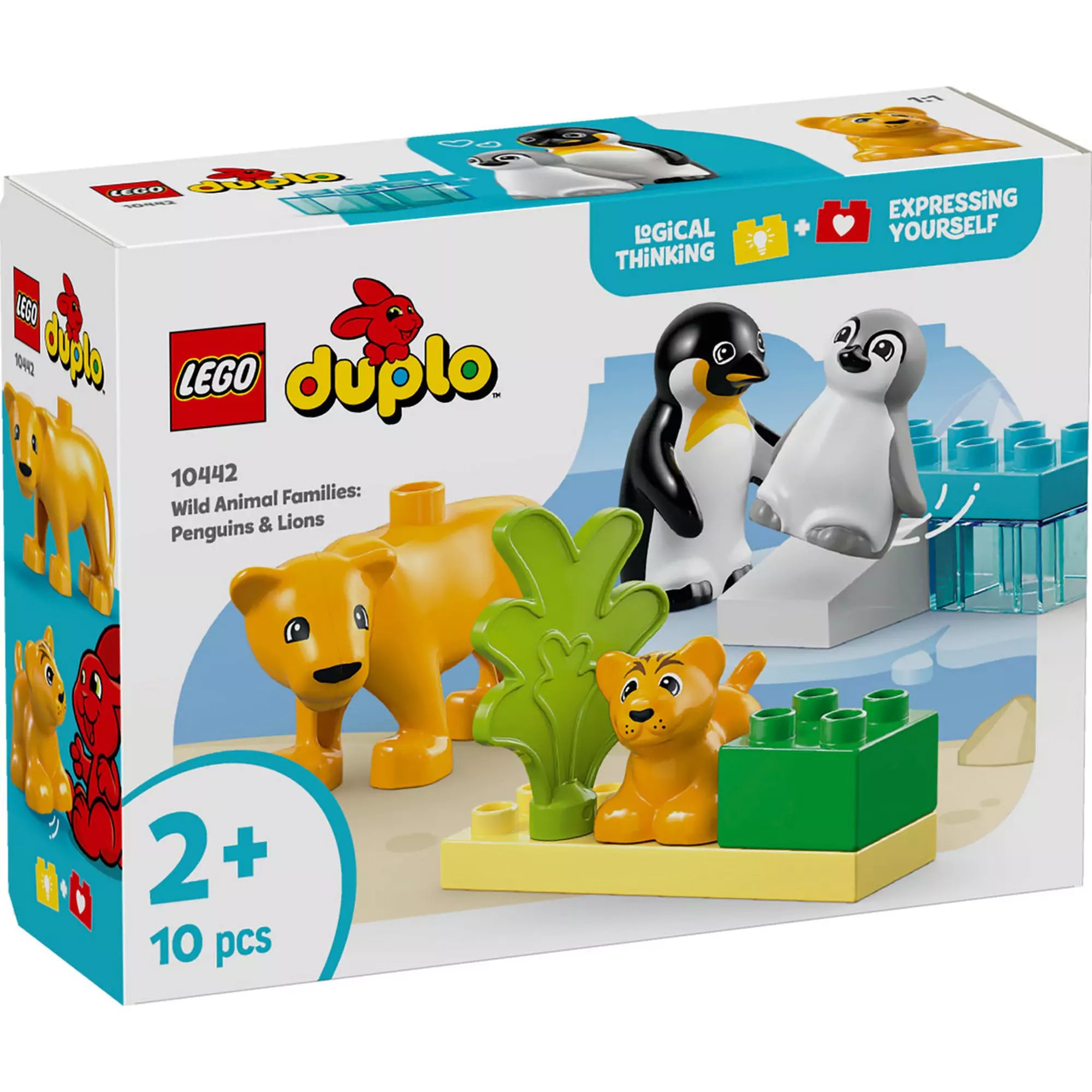 Dobozkép LEGO Duplo Állatcsaládok a vadvilágban (10442): A doboz tartalmazza az aranyos pingvineket, oroszlánokat és az építőelemeket egy 2 éves kortól ajánlott szettben.