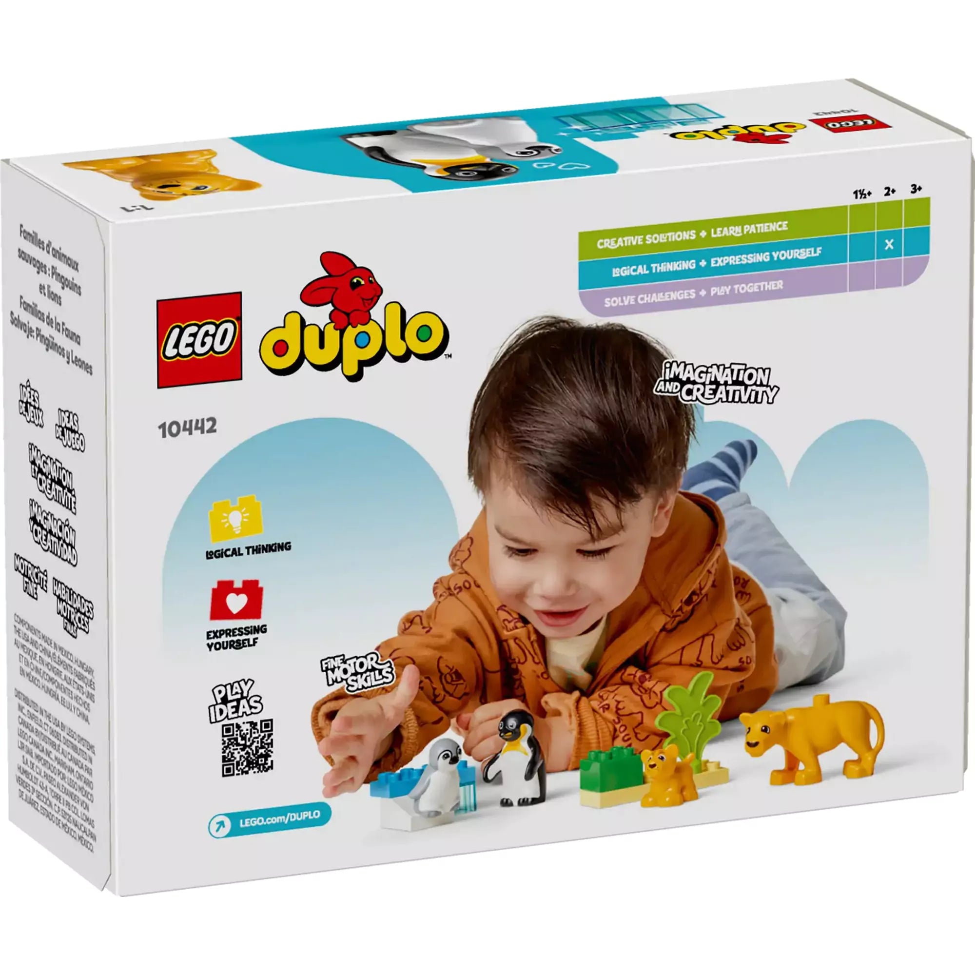 Hátoldal LEGO Duplo Állatcsaládok a vadvilágban (10442): Gyermek játék közben, fejlesztve kreativitását és finommotoros készségeit a természet ihlette építőkészlettel.