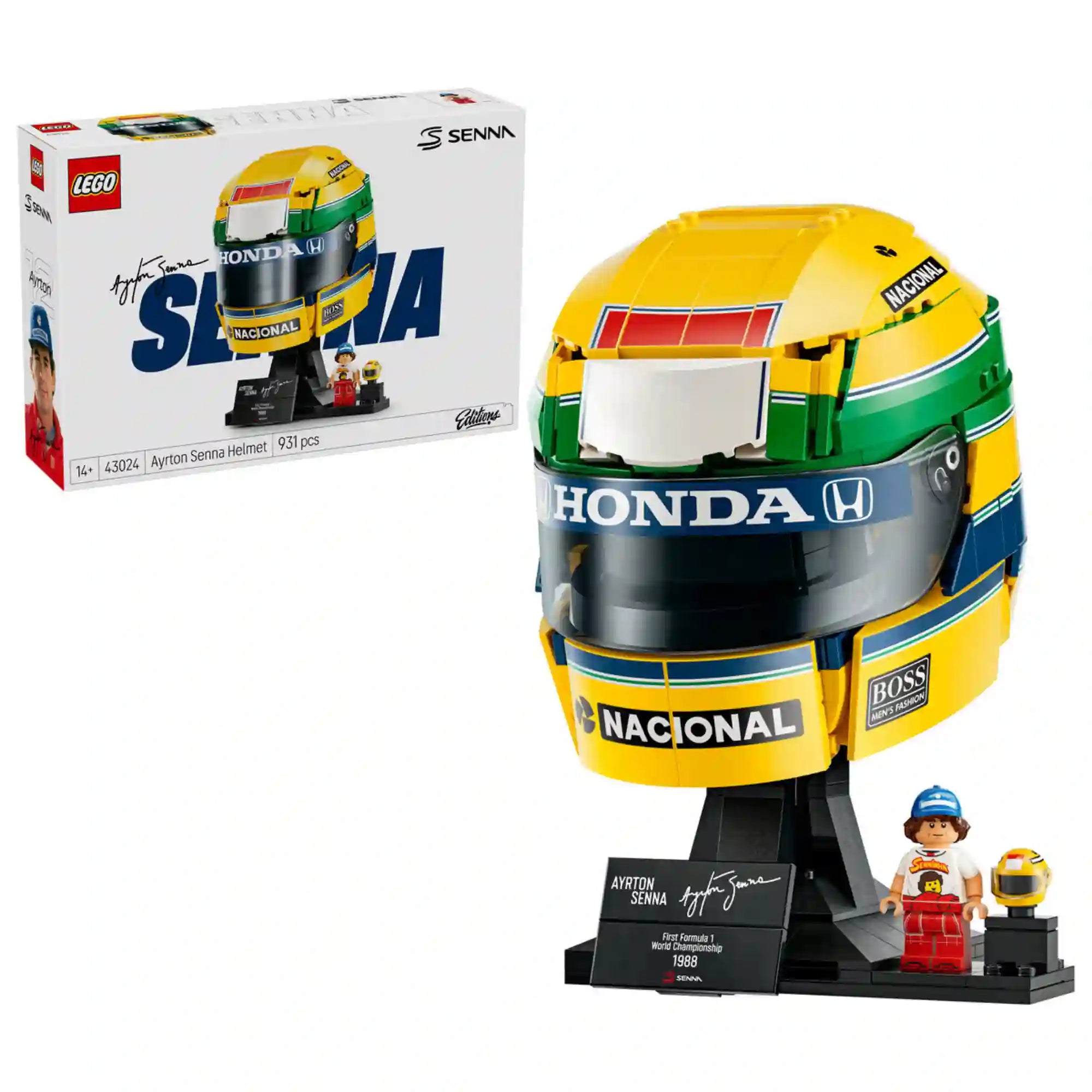 LEGO 43024 Ayrton Senna sisak – Megépített Ayrton Senna versenysisak minifigurával és a LEGO készlet dobozával.