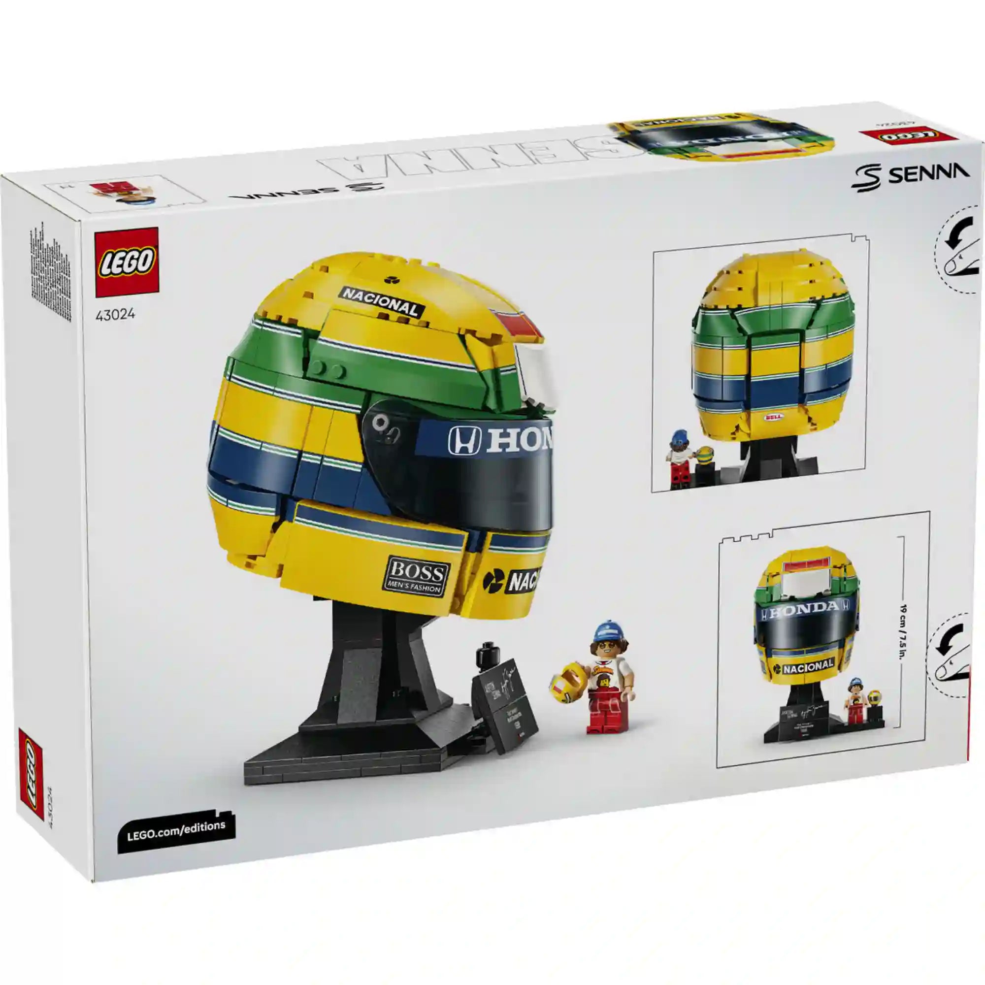 LEGO 43024 Ayrton Senna sisak – A készlet dobozának hátoldala a sisakmodell különböző nézeteivel.