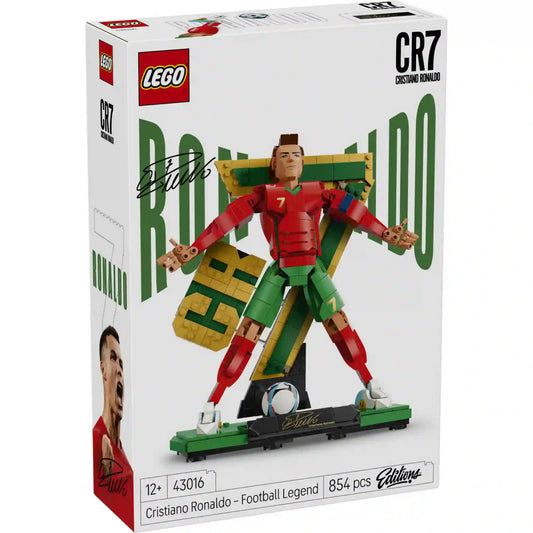 LEGO Editions Cristiano Ronaldo – Futball-legenda 43016, 854 darabos készlet doboza, Cristiano Ronaldo grafikával és termékinformációkkal.