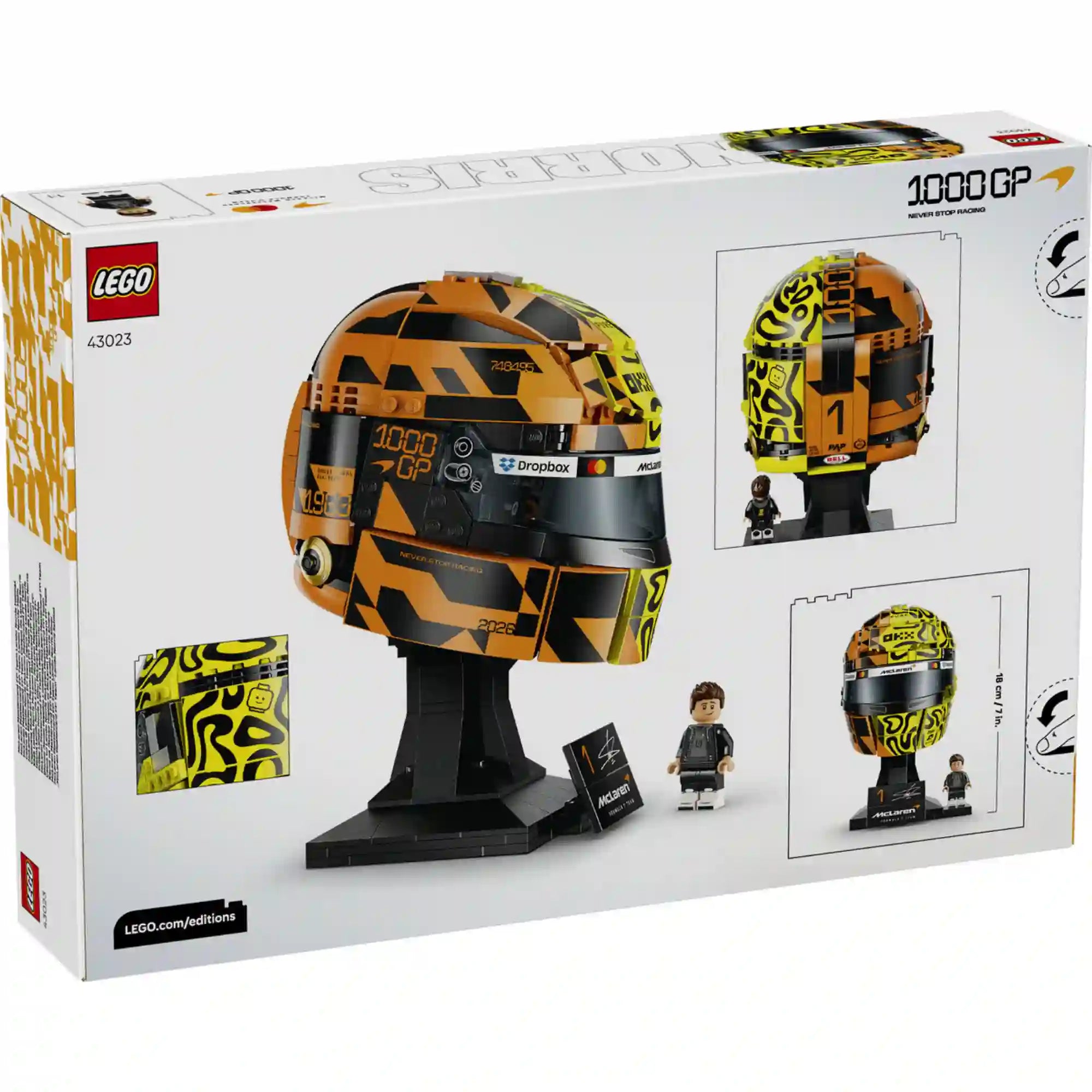 LEGO McLaren Mastercard F1 Team Lando Norris Helmet (43023) készlet hátoldali dobozképe, amely a sisakmodell részleteit, méreteit és a mellékelt minifigurát mutatja be.