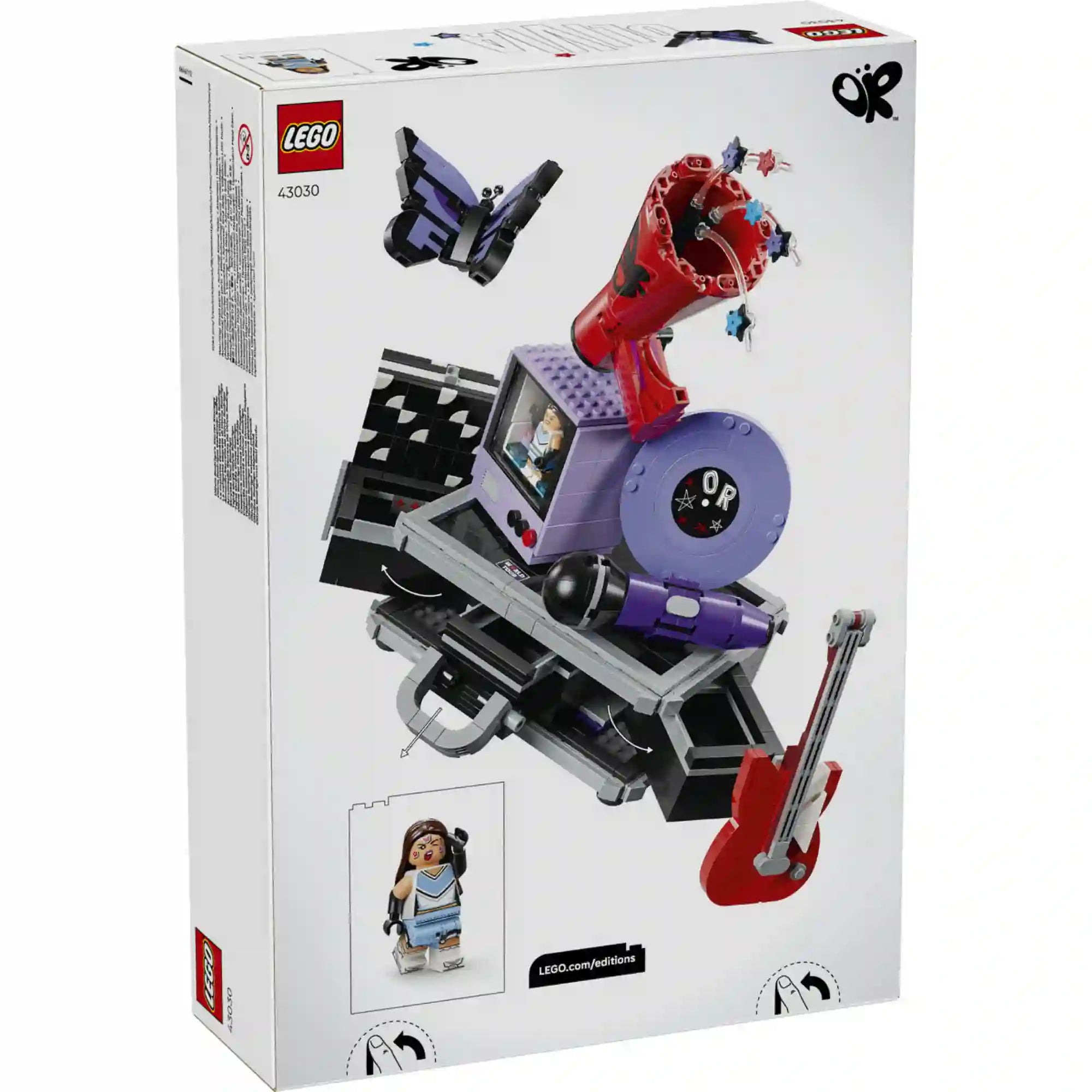 LEGO Editions: Olivia Rodrigo titkos tárolója 43030 készlet dobozának hátoldala a nyitható és mozgatható részekkel.