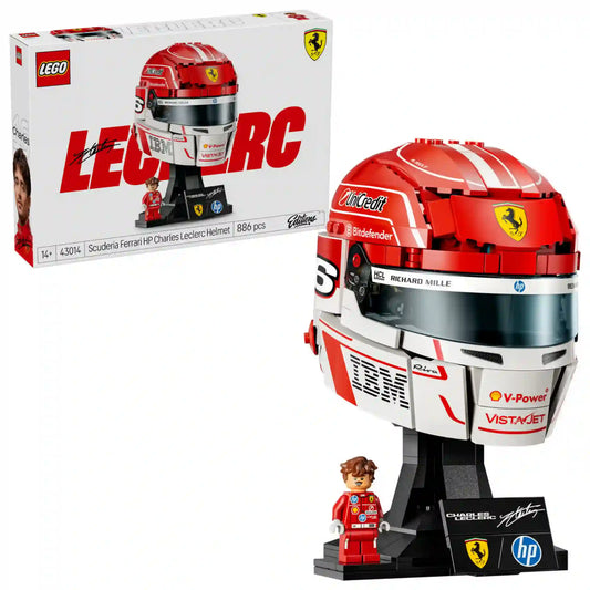 LEGO Editions Scuderia Ferrari HP Charles Leclerc sisakja 43014, 886 darabos készlet doboza és megépített sisakmodell együtt.