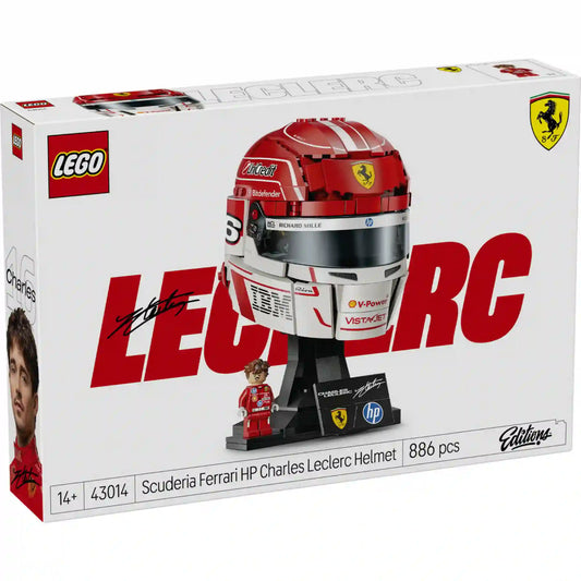 LEGO Editions Scuderia Ferrari HP Charles Leclerc sisakja 43014, 886 darabos készlet doboza, látványos Ferrari grafikával.