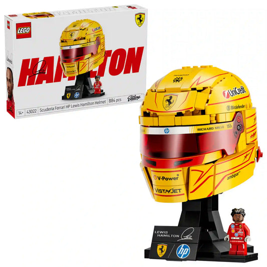 LEGO Editions Scuderia Ferrari HP Lewis Hamilton sisakja 43022, 884 darabos készlet doboza és megépített sisakmodell együtt.