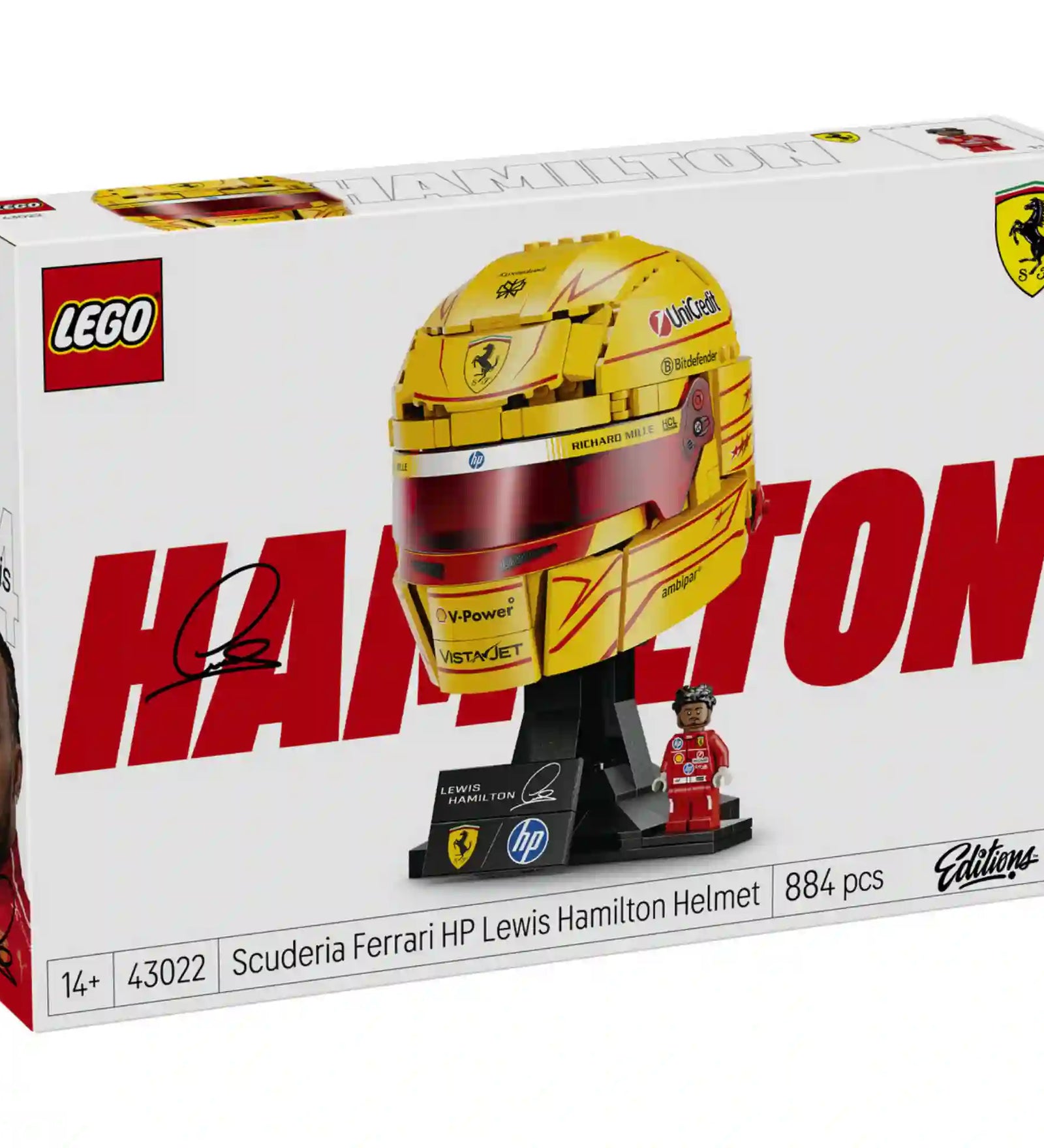 LEGO Editions Scuderia Ferrari HP Lewis Hamilton sisakja 43022, 884 darabos készlet doboza, látványos grafikával és termékinformációkkal.