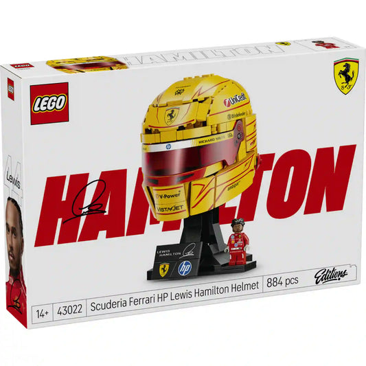 LEGO Editions Scuderia Ferrari HP Lewis Hamilton sisakja 43022, 884 darabos készlet doboza, látványos grafikával és termékinformációkkal.