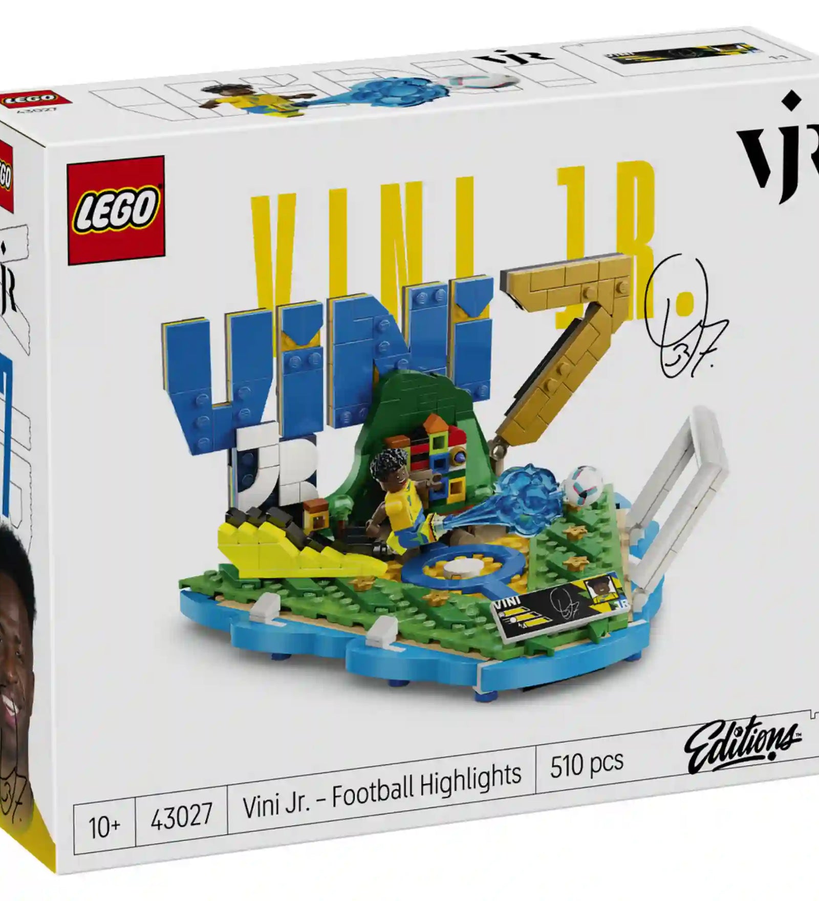 LEGO Editions Vini Jr. – A futball legjobb pillanatai 43027 készlet doboza, termékinformációkkal és látványos grafikával.
