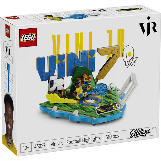 LEGO Editions Vini Jr. – A futball legjobb pillanatai 43027 készlet doboza, termékinformációkkal és látványos grafikával.