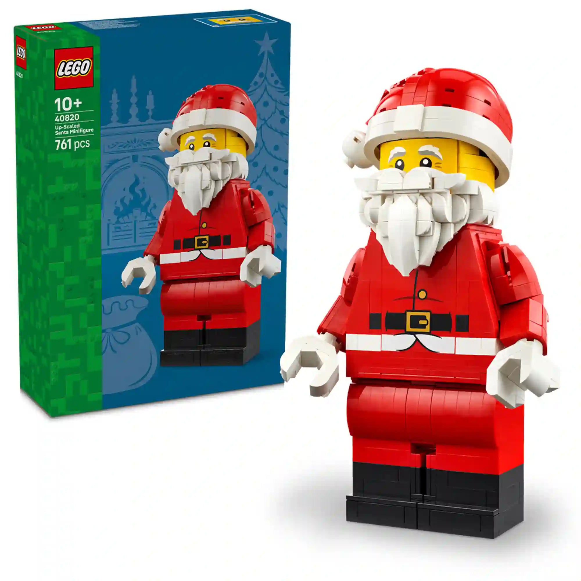 LEGO 40820 Nagy méretű Mikulás minifigura – Megépített LEGO Mikulás figura piros ruhában, mellette a készlet doboza.
