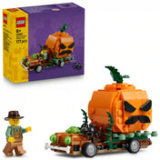 LEGO 40822 Jack-o’-Lantern Pickup Truck – Halloween témájú tökös pickup, minifigurával, pókkal és a készlet dobozával.