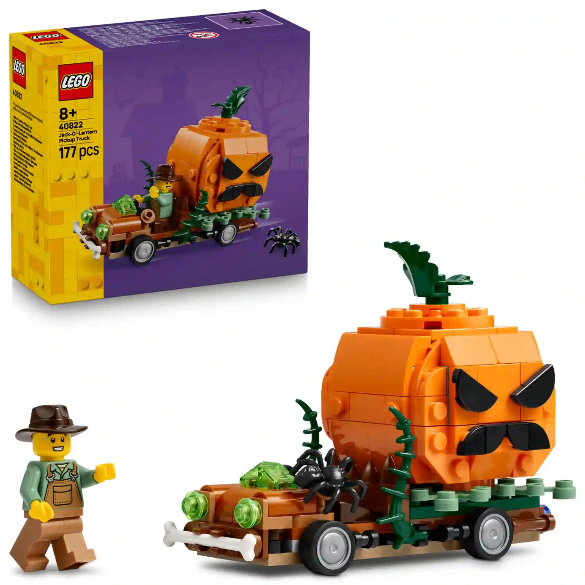 LEGO 40822 Jack-o’-Lantern Pickup Truck – Halloween témájú tökös pickup, minifigurával, pókkal és a készlet dobozával.