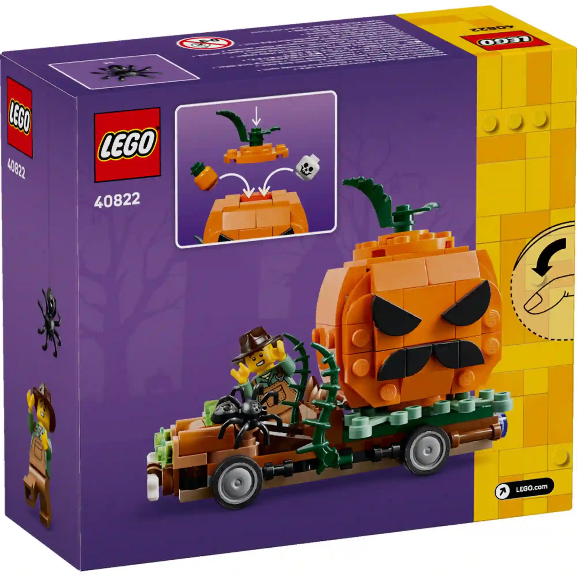 LEGO 40822 Jack-o’-Lantern Pickup Truck – A készlet dobozának hátoldala a tökös járművel és játékfunkciójával.