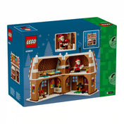 LEGO 40809 Ünnepi mézeskalács ház – A doboz hátoldala a kinyitható mézeskalács ház berendezett belső tereivel, valamint a Mikulás figurával.
