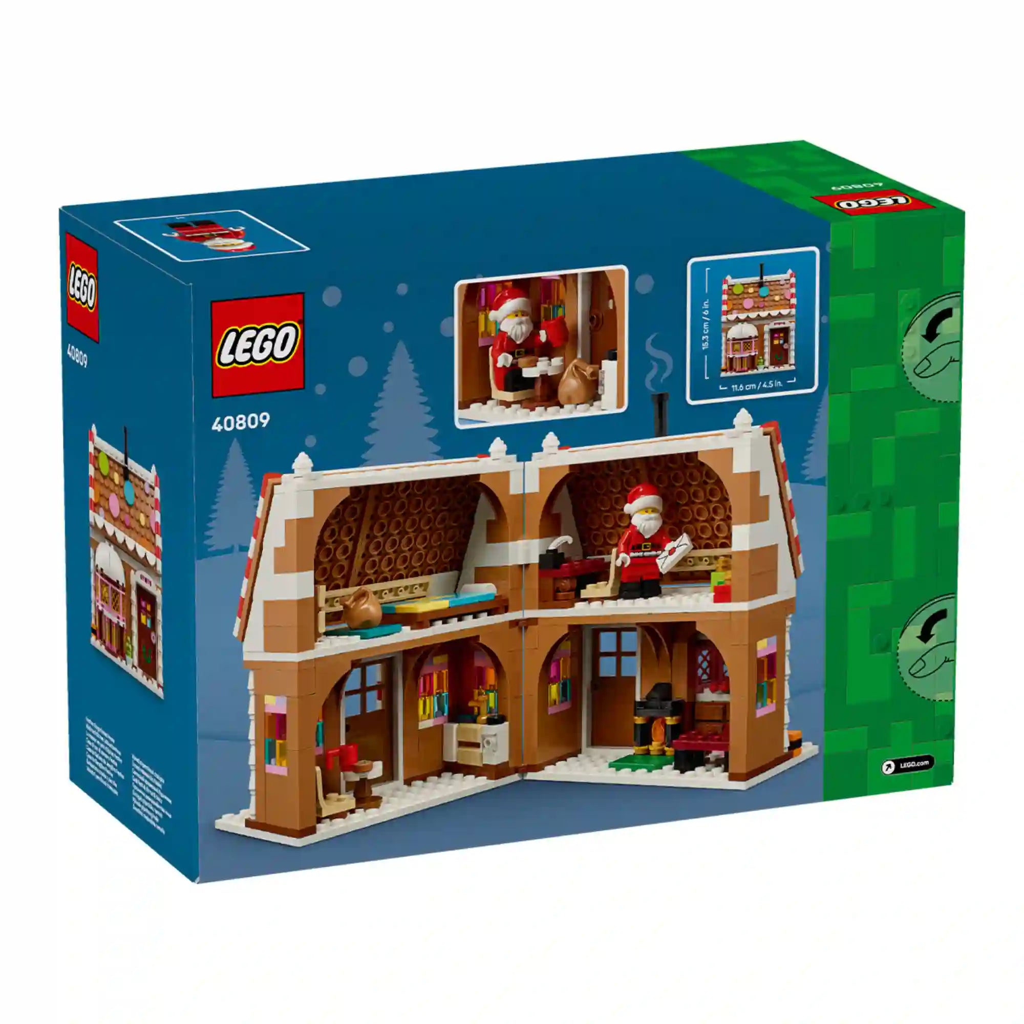 LEGO 40809 Ünnepi mézeskalács ház – A doboz hátoldala a kinyitható mézeskalács ház berendezett belső tereivel, valamint a Mikulás figurával.
