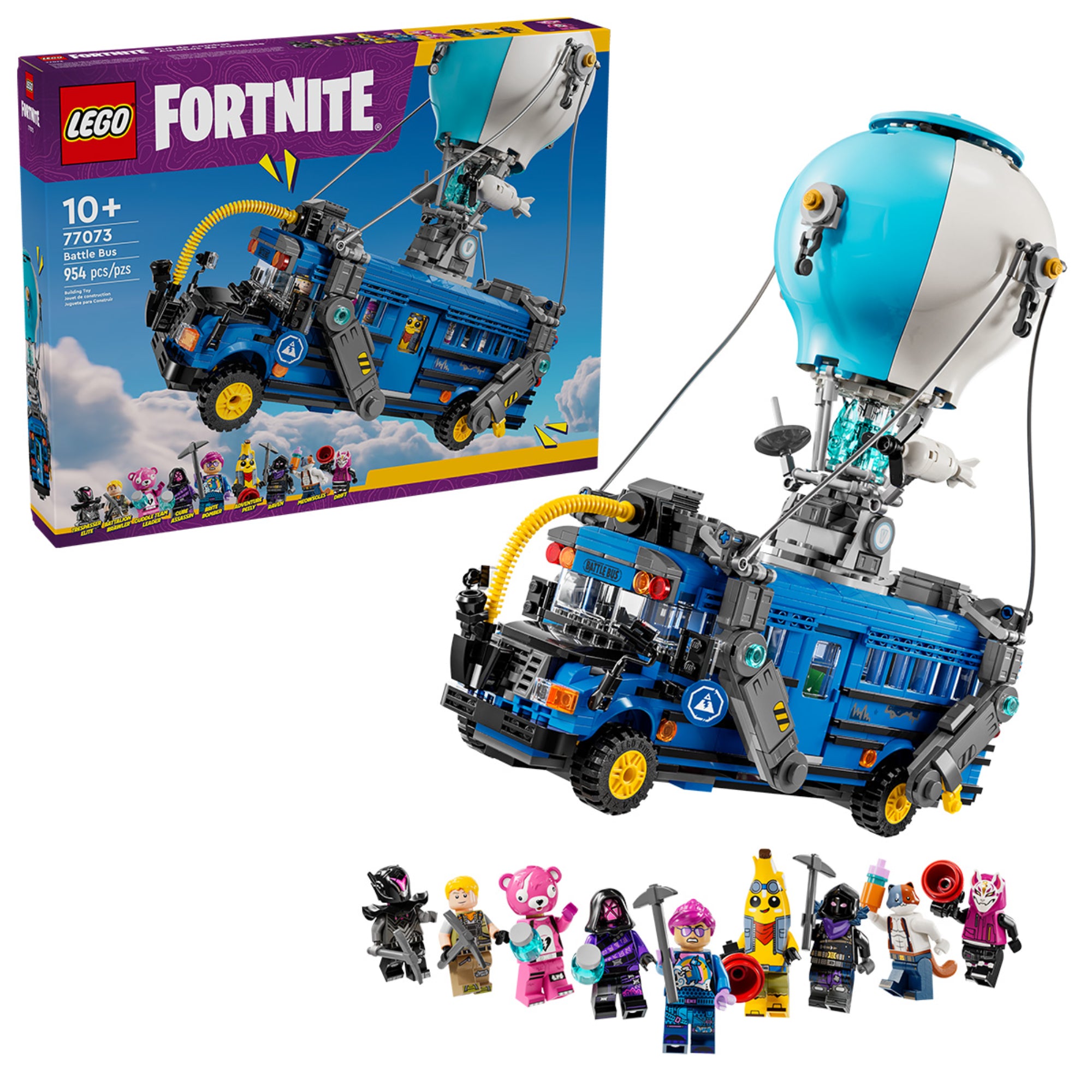 A LEGO Fortnite Battle Bus (77073) doboza és a megépített harci busz látható egymás mellett. A részletesen kidolgozott modell ballonja felett egy világoskék gömb lebeg, a busz elején pedig sárga légcső és díszítőelemek emelik ki a Fortnite hangulatot. A kép alján a nyolc karakterfigura külön is megjelenik.