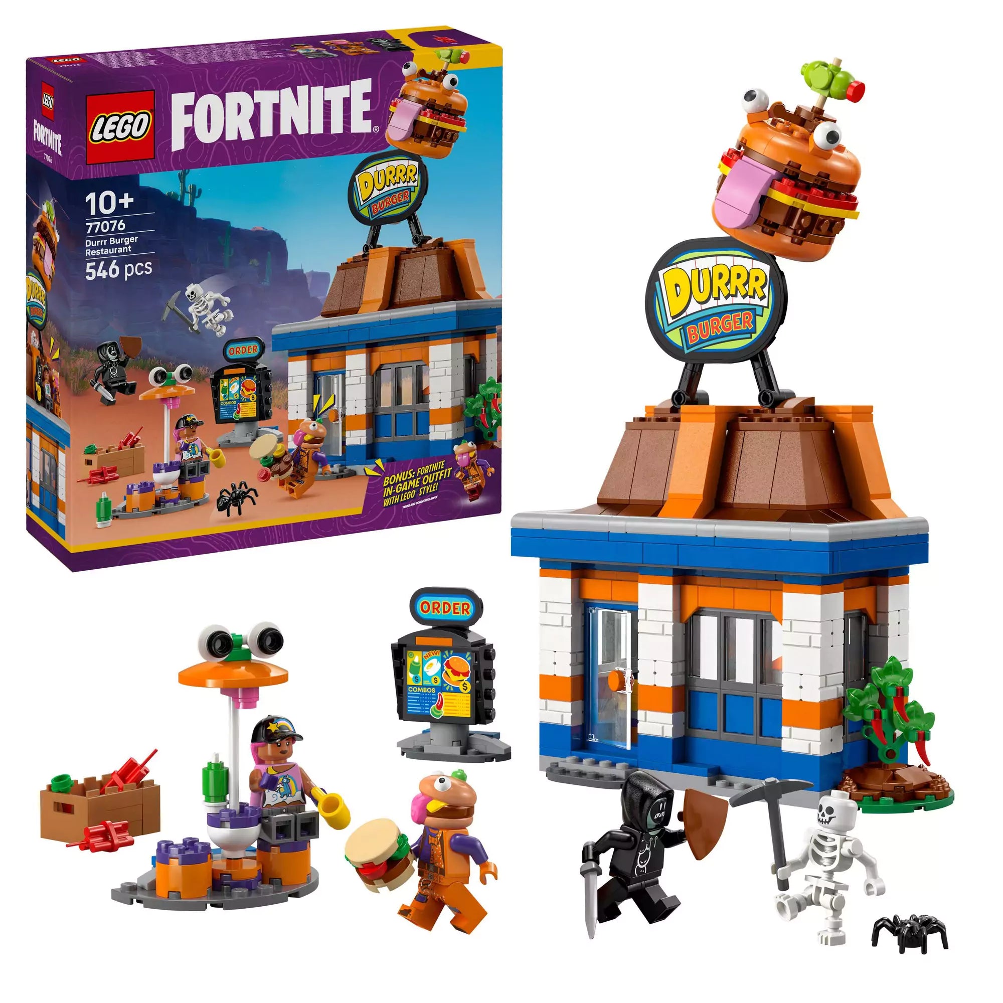 LEGO Fortnite: Durrr Burger étterem (77076) – a doboz, az épület és az összes minifigura kiegészítőkkel együtt elrendezve.