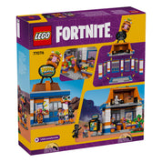 LEGO Fortnite: Durrr Burger étterem (77076) – a doboz hátoldala, több jelenettel és részletfotóval a készlet funkcióiról.