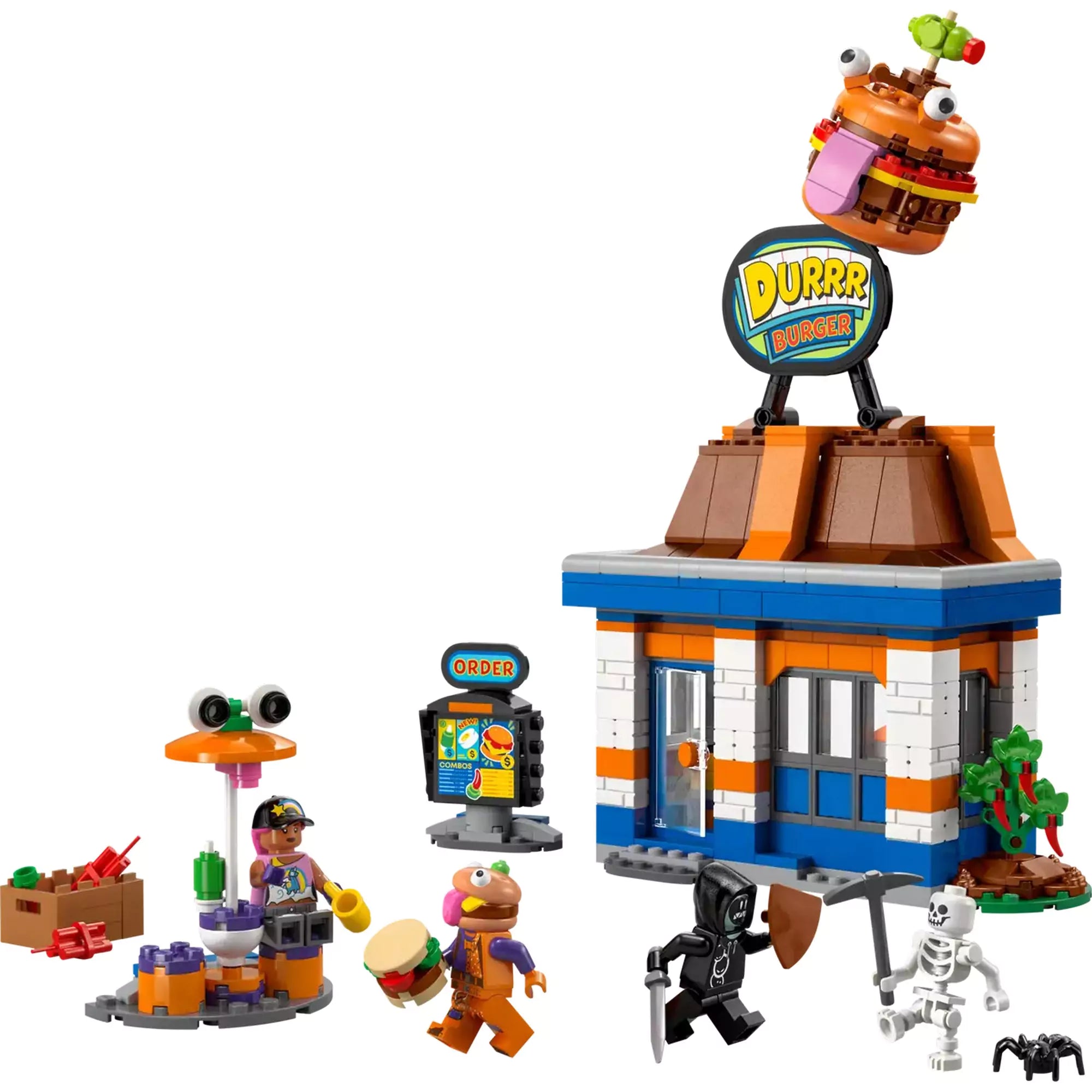 LEGO Fortnite: Durrr Burger étterem (77076) – a teljes készlet tartalma: épület, rendelőpult, minifigurák és kiegészítők.