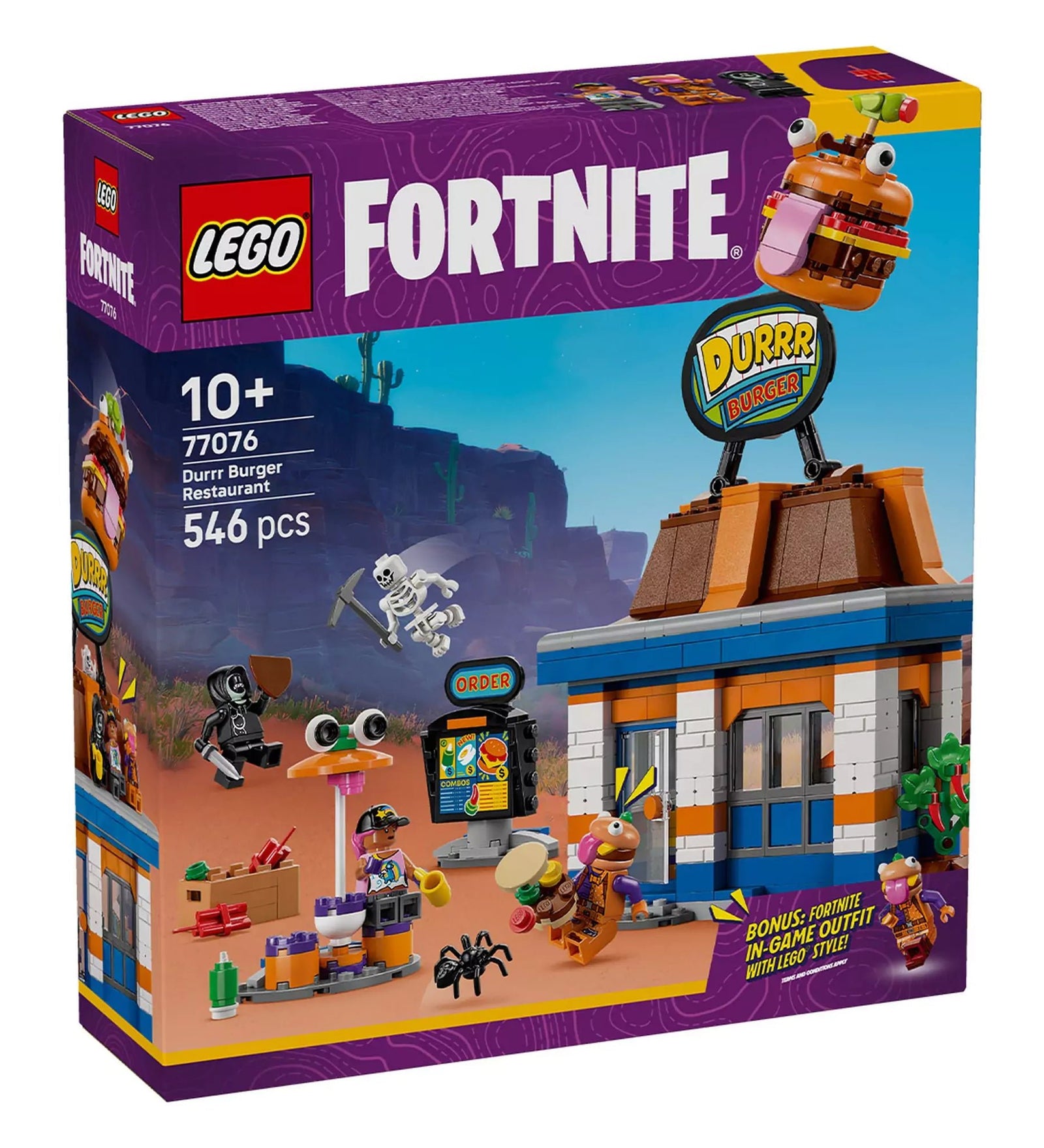 LEGO Fortnite Durrr Burger étterem (77076) doboza, a készlet látványos illusztrációjával, 546 darabbal és a Fortnite stílusú LEGO kalandokhoz.
