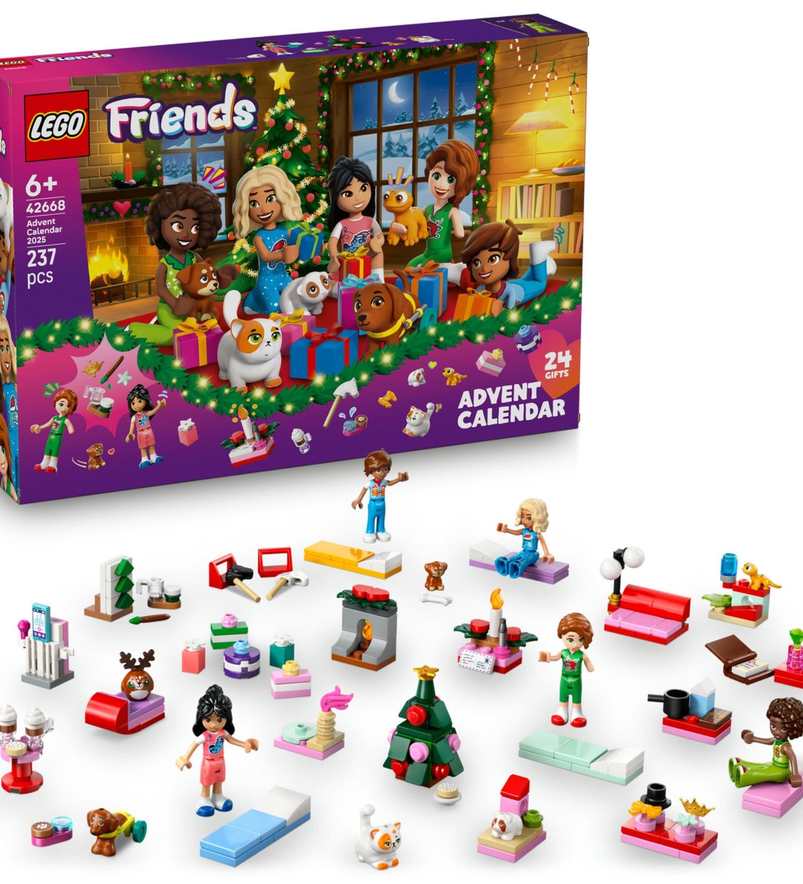 LEGO Friends 42668 Adventi naptár 2025 doboz és a 24 kis ajándék, köztük minifigurák, karácsonyfa, állatok és ünnepi kiegészítők.