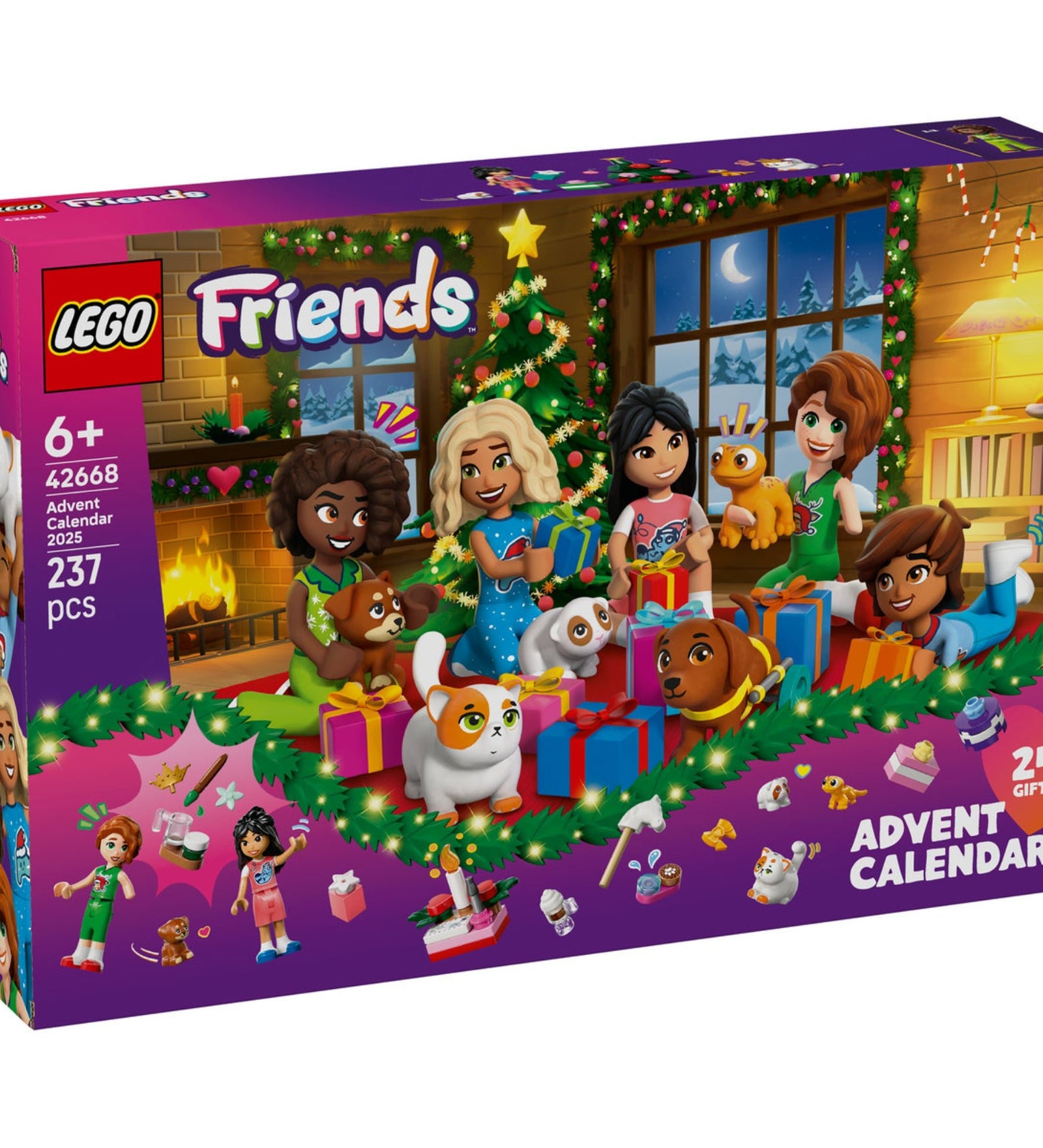 LEGO Friends 42668 Adventi naptár dobozkép, ünnepi hangulatban, ajándékokkal, karácsonyfával és a Friends szereplőkkel.