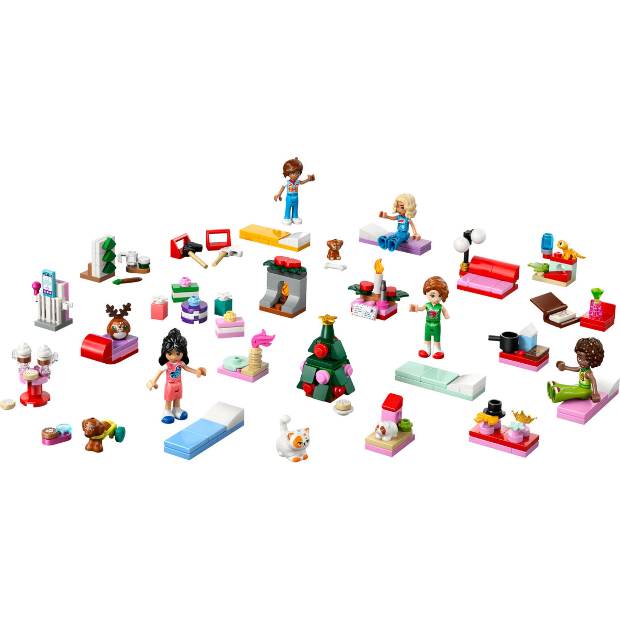 LEGO Friends 42668 készlet minden tartozéka: minifigurák, karácsonyfa, ünnepi bútorok, állatok és színes apró kiegészítők.
