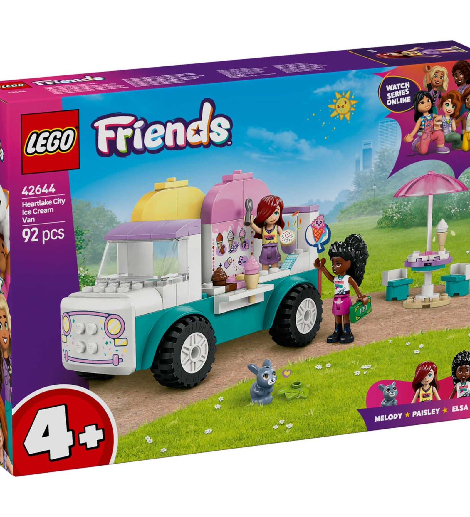 A LEGO Friends Fagyis furgon Heartlake Cityben 42644 doboz, benne a furgonnal, Paisley és Elsa D. mini figuráival, nyuszi figurával és fagylaltos kiegészítőkkel.