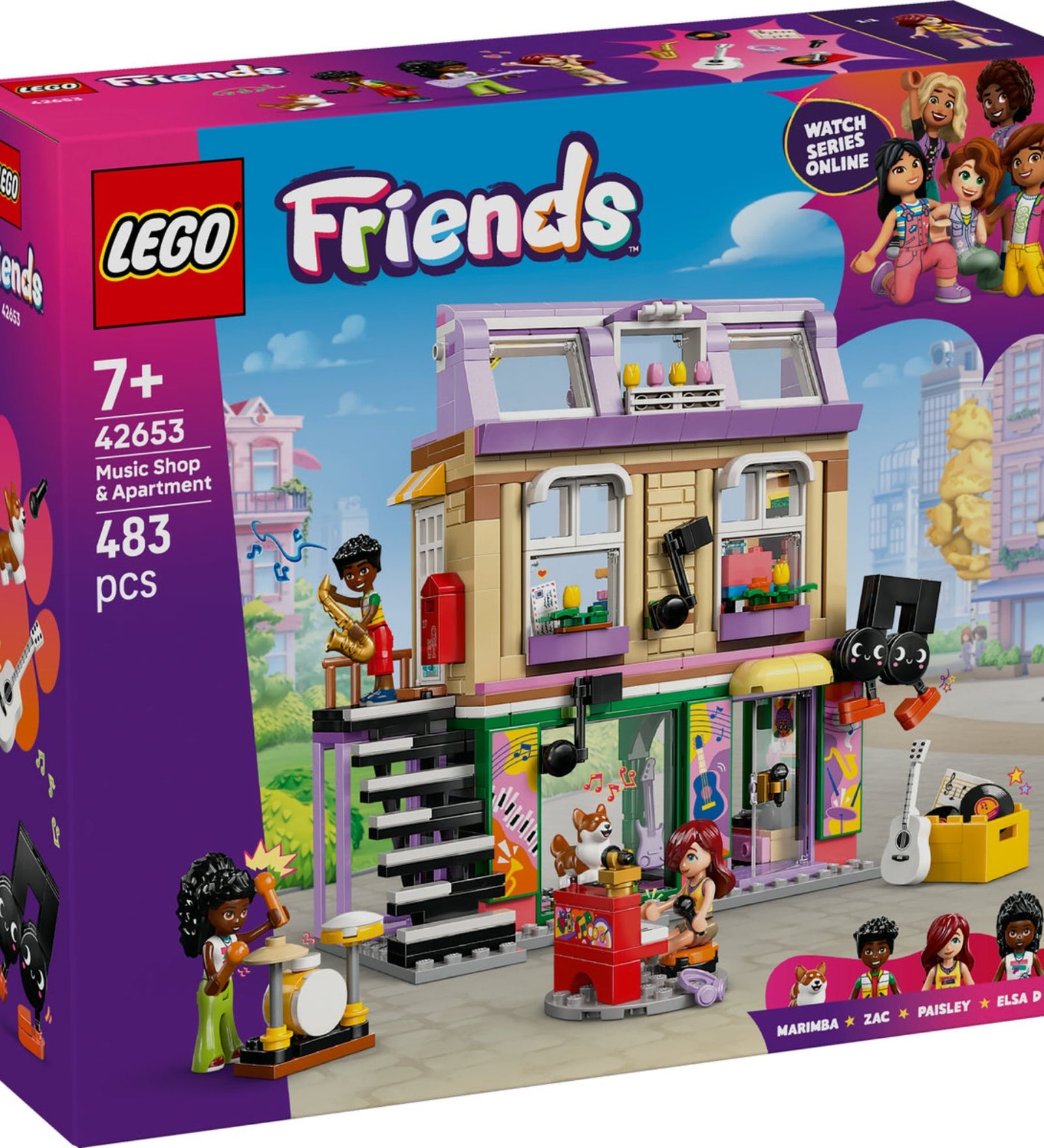 A LEGO Friends Zeneüzlet és lakás (42653) készlet színes doboza, amelyen a háromszintes épület, zenei témájú matricák, figurák és hangszerek láthatók.