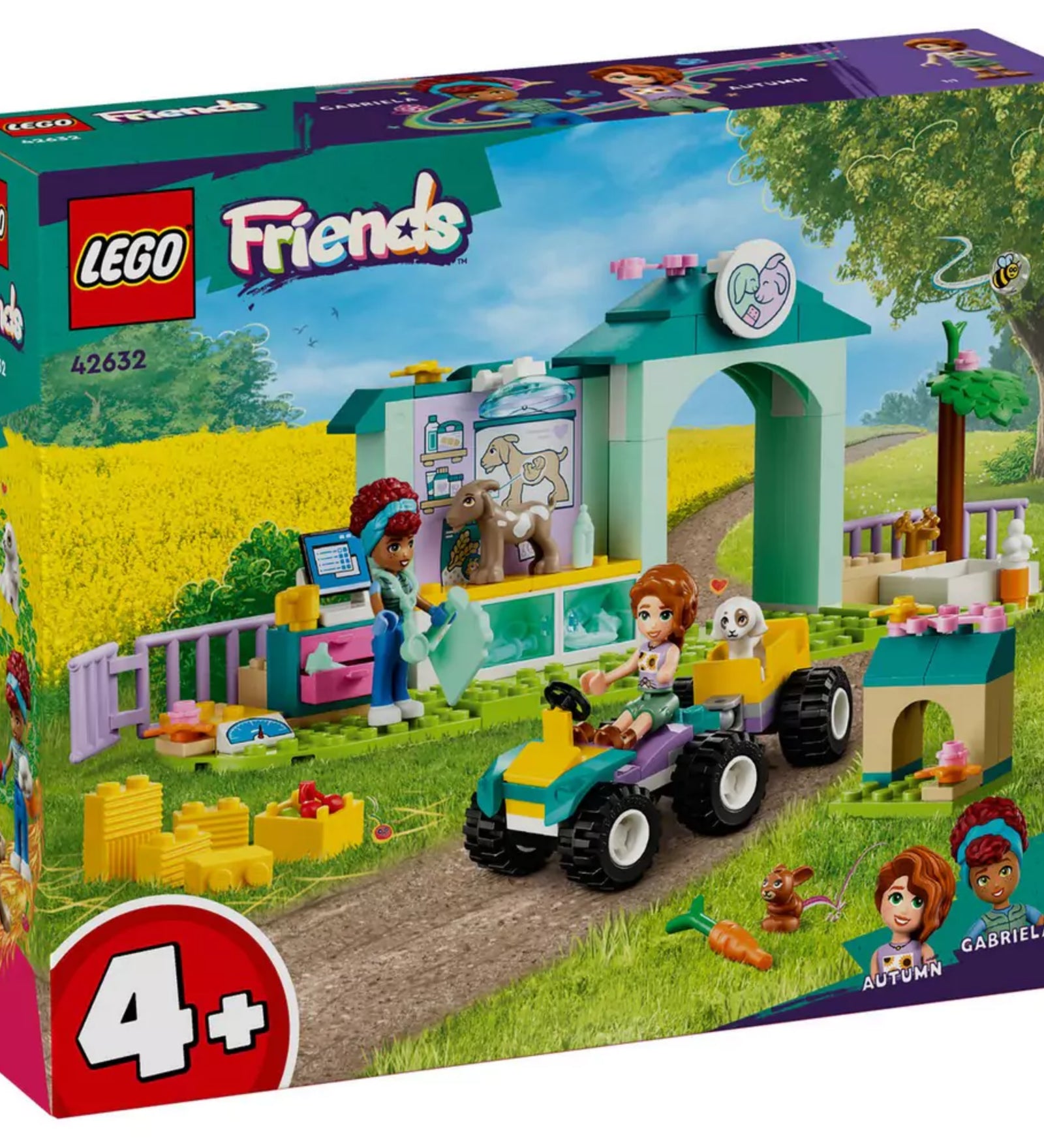 A LEGO Friends 42617 készlet színes, részletes doboza, amely a menedékhelyet zöldellő tájjal a háttérben mutatja be. Elöl látható a traktor, a minifigurák és az állatok, jobb oldalon pedig a karakterek nevei: Ben, Aliya és Kaya. A doboz bal felső sarkában a korosztály (6+) és a készletszám is feltüntetésre került.