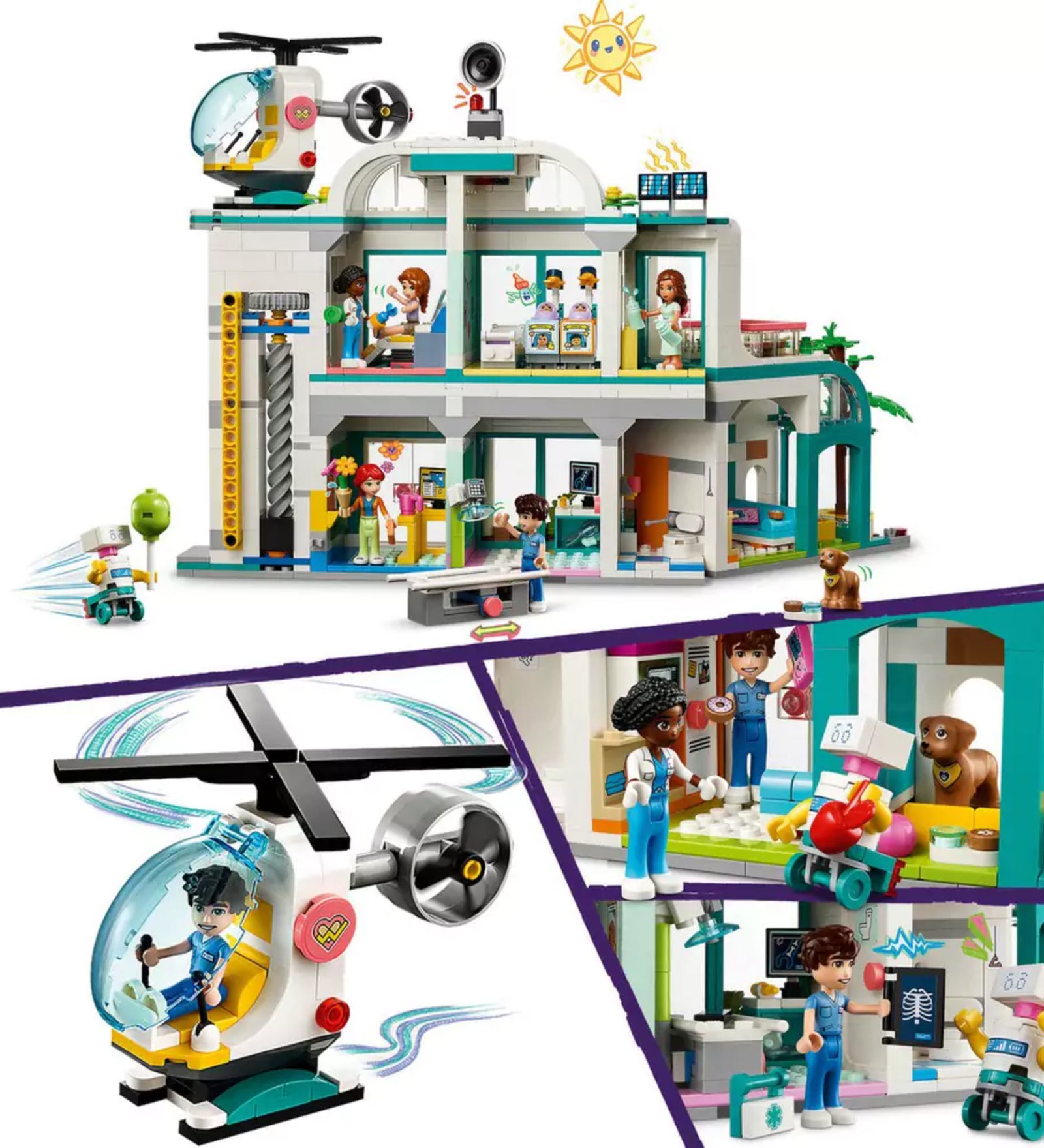 LEGO Friends Heartlake City Kórház (42621) színes épülete mentőhelikopterrel, különféle orvosi jelenetekkel, karakterekkel és kórházi eszközökkel.