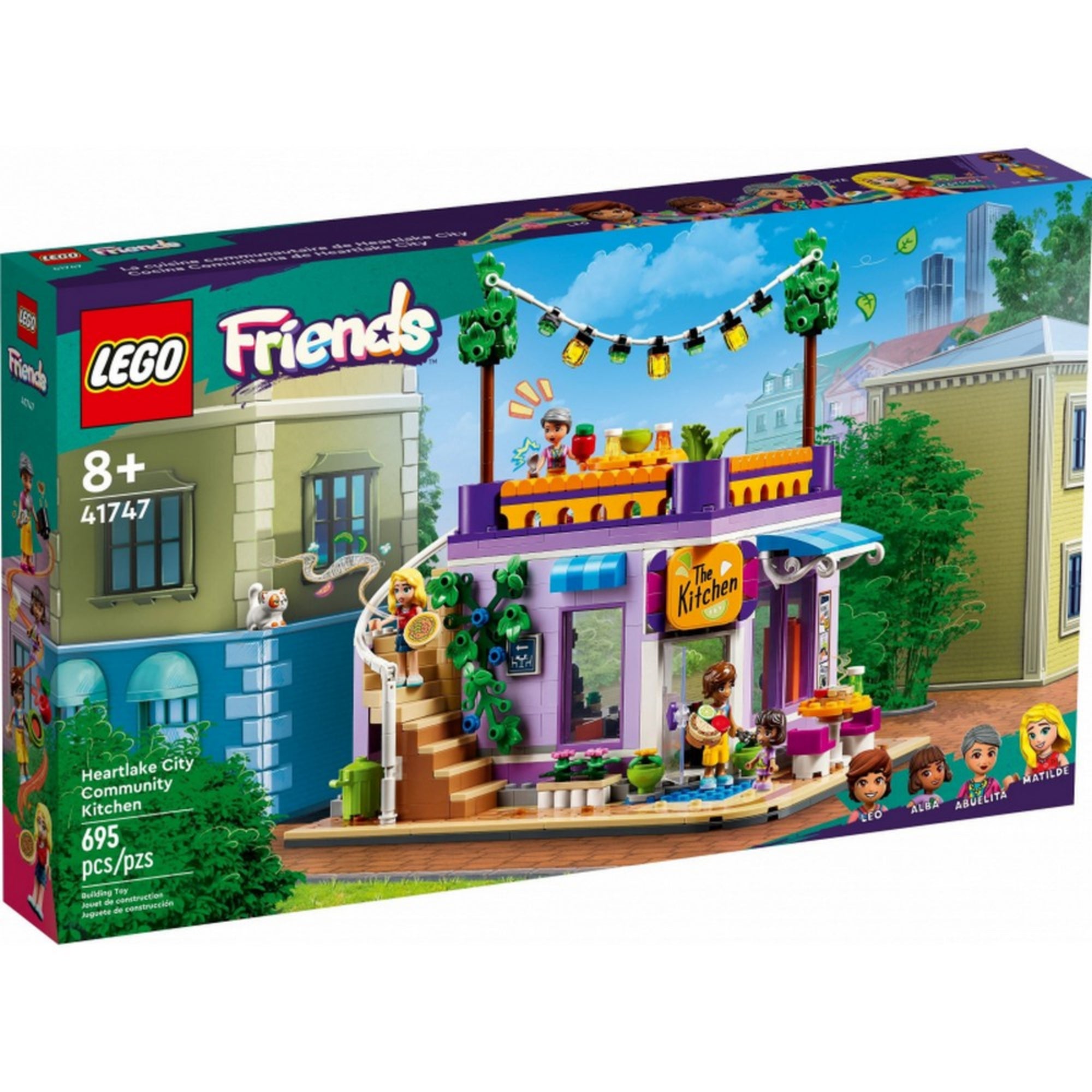 LEGO Friends 41747 Heartlake City közösségi konyha építőkészlet doboza 695 elemmel, színes városi háttérrel, a karakterekkel (Leo, Alba, Abuelita, Matilde) és az épület részleteivel.