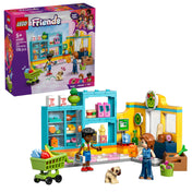 LEGO Friends Heartlake City Mini Supermarket (42680) megépített szupermarket figurákkal, kiskutyával és bevásárlókocsival.