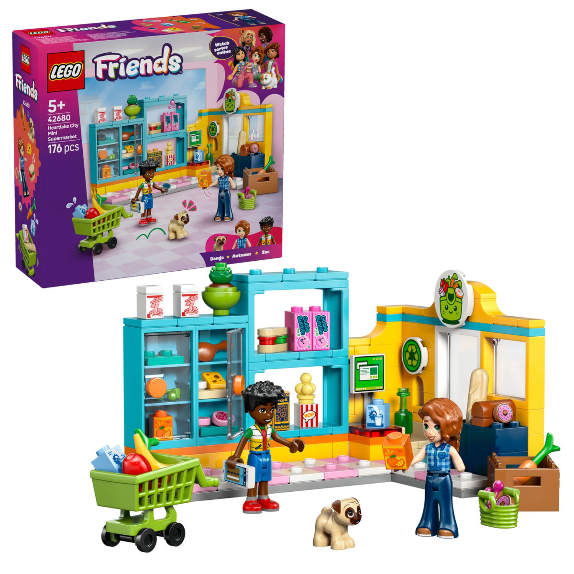 LEGO Friends Heartlake City Mini Supermarket (42680) megépített szupermarket figurákkal, kiskutyával és bevásárlókocsival.