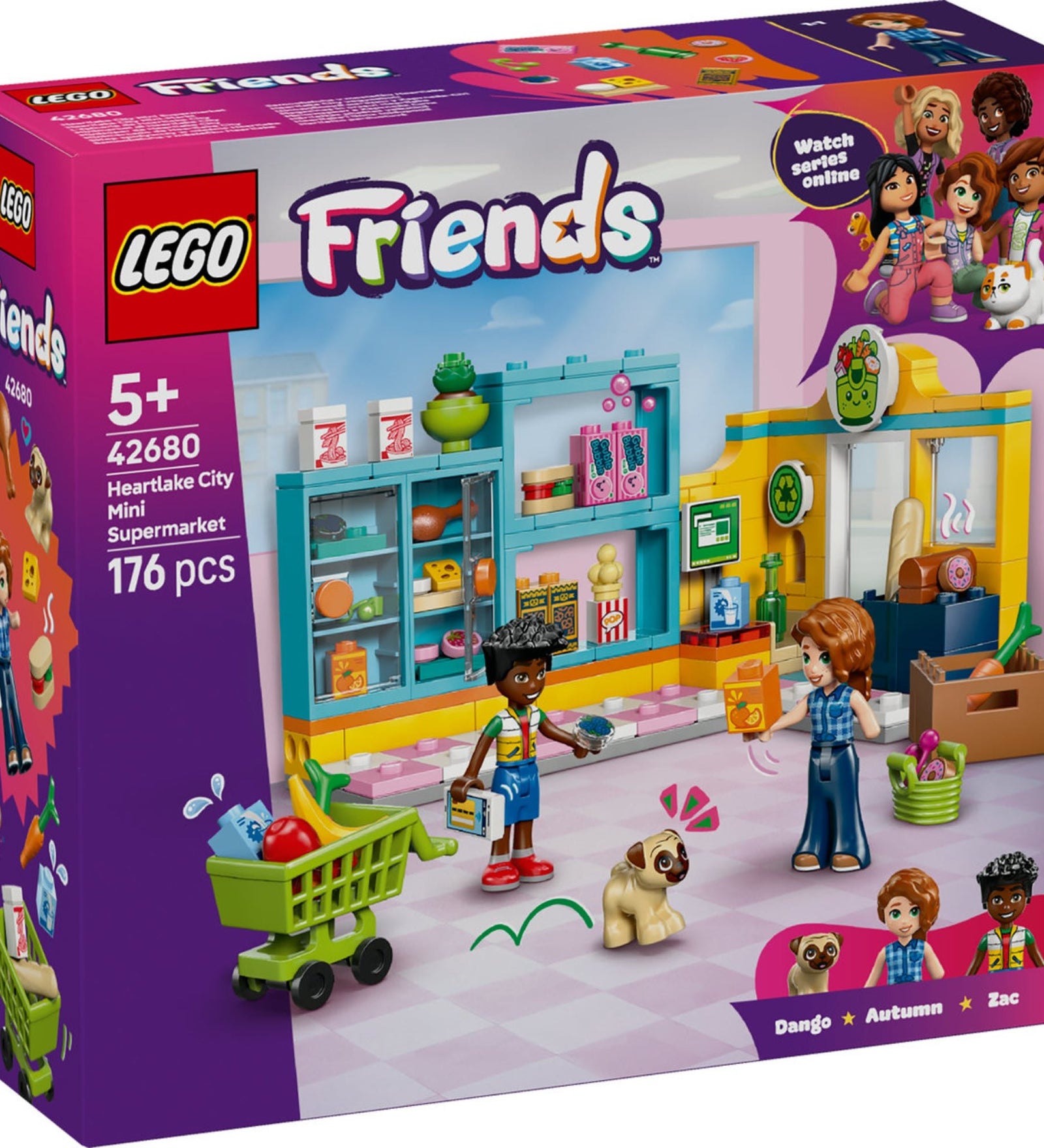 LEGO Friends Heartlake City Mini Supermarket (42680) elölnézeti dobozkép, 5+ korosztály, 176 darabos készlet.