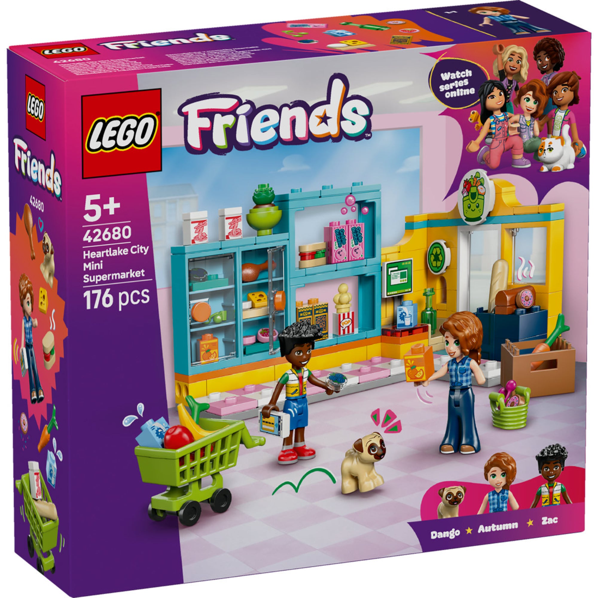LEGO Friends Heartlake City Mini Supermarket (42680) elölnézeti dobozkép, 5+ korosztály, 176 darabos készlet.