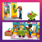 LEGO Friends Heartlake City Mini Supermarket (42680) részletkép szelektív visszaváltó automatával, bevásárlókocsival és figurával.