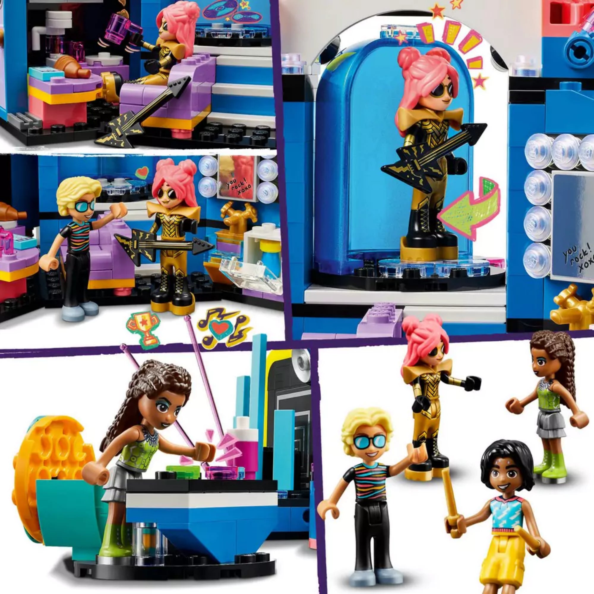 Közeli jelenetek a LEGO Friends Heartlake City zenei tehetségkutató (42616) szereplőiről: Ley-La átváltozik koncertsztárrá a forgó pódiumon, Alexander támogatja a felkészülést, Andrea a DJ-pult mögött zenél, míg Nábie lelkes zsűritagként értékel. Az apró kiegészítők és a karakterek arcai vidám hangulatot sugallnak.