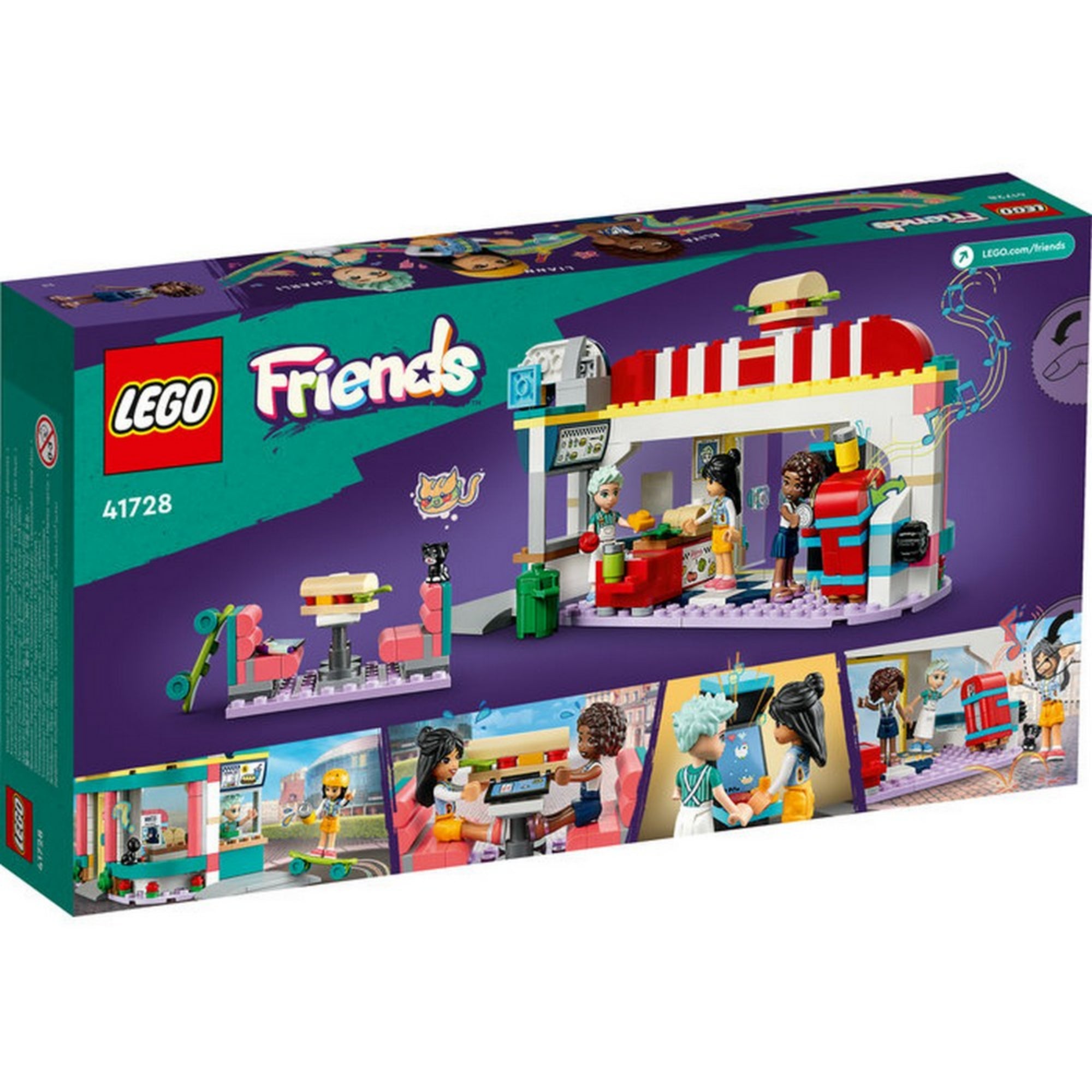 LEGO Friends 41728 Heartlake belvárosi büfé – a doboz hátoldala, amely bemutatja a készlet belső részleteit: konyhapult, tálcás kiszolgálás, asztalok, vendégek és személyzet. Színes grafikai elemek, macska figura, gördeszka és több minifigura is szerepel a jelenetekben.