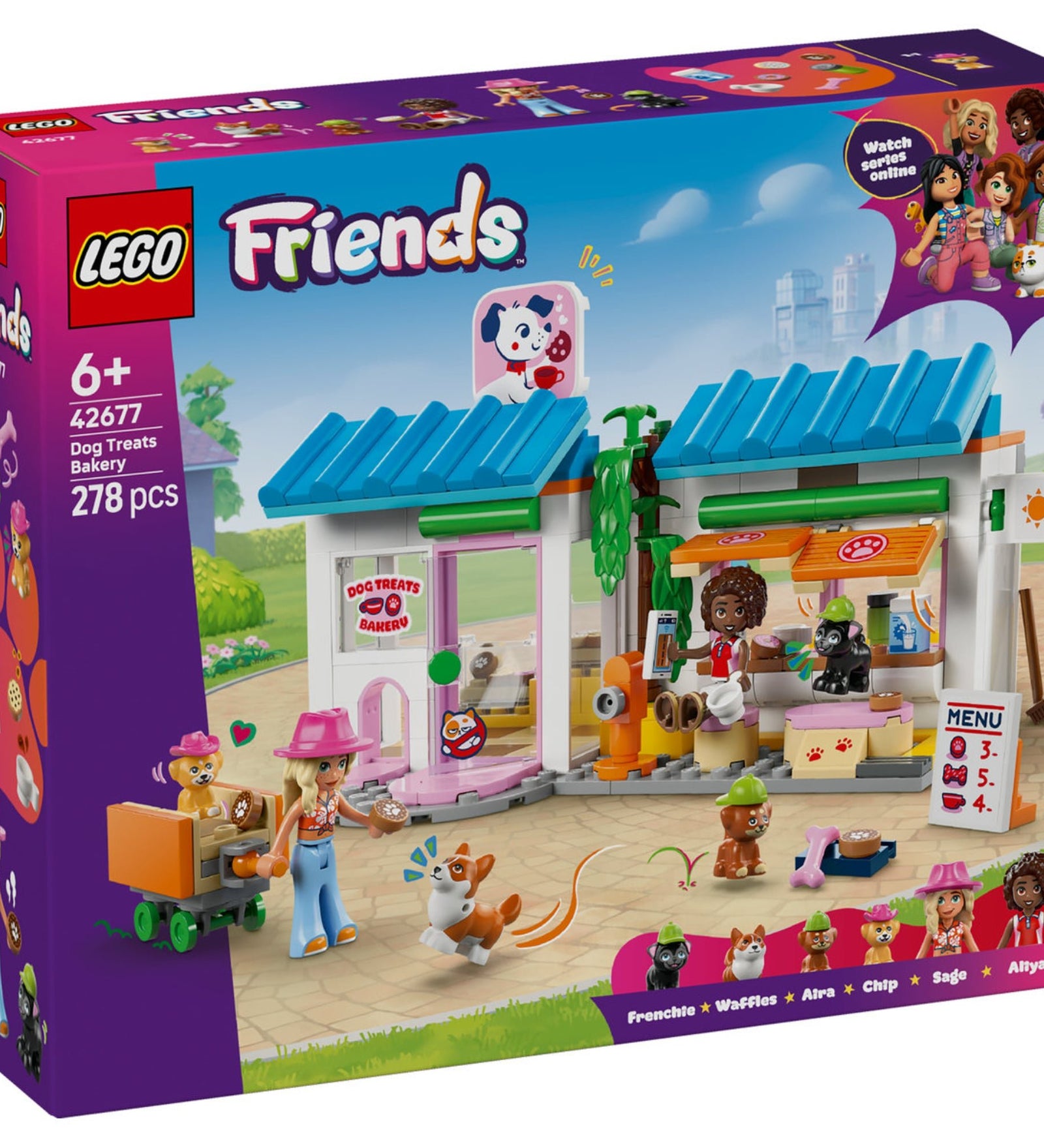 LEGO Friends Dog Treats Bakery (42677) elölnézeti dobozkép, 6+ korosztály, 278 darabos készlet.
