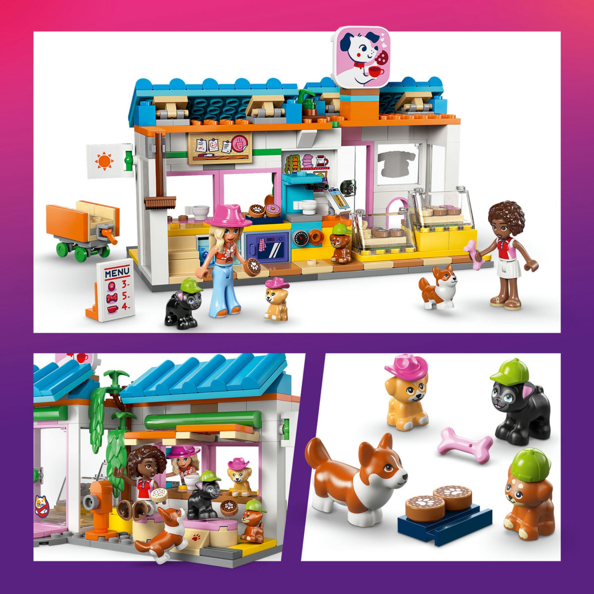 LEGO Friends Dog Treats Bakery (42677) részletkép a pékség belsejéről és a kutyafigurákról sütikkel és csonttal.