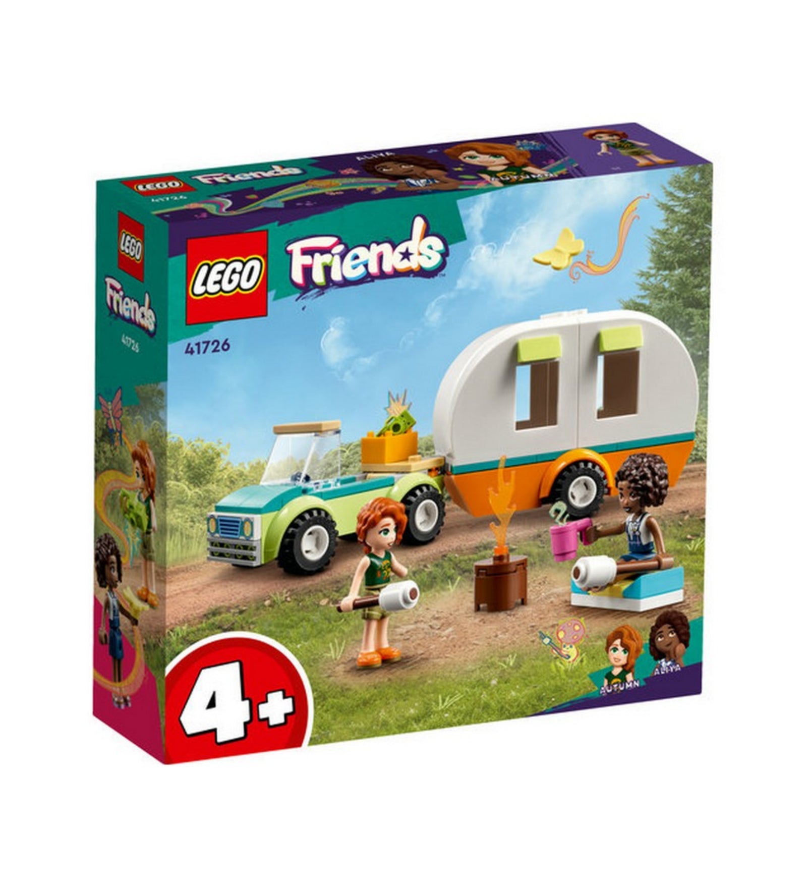 LEGO Friends 41726 Kempingezés lakókocsival – hivatalos dobozkép a 4+ korosztálynak ajánlott készletről. A dobozon a természetben játszódó jelenet látható, Autumn és Aliya minifigurákkal, a lakókocsi és a terepjáró teljes felszerelésével, valamint tábortűzzel. A bal alsó sarokban nagy "4+" jelölés, a jobb alsó sarokban a karakterek neve.