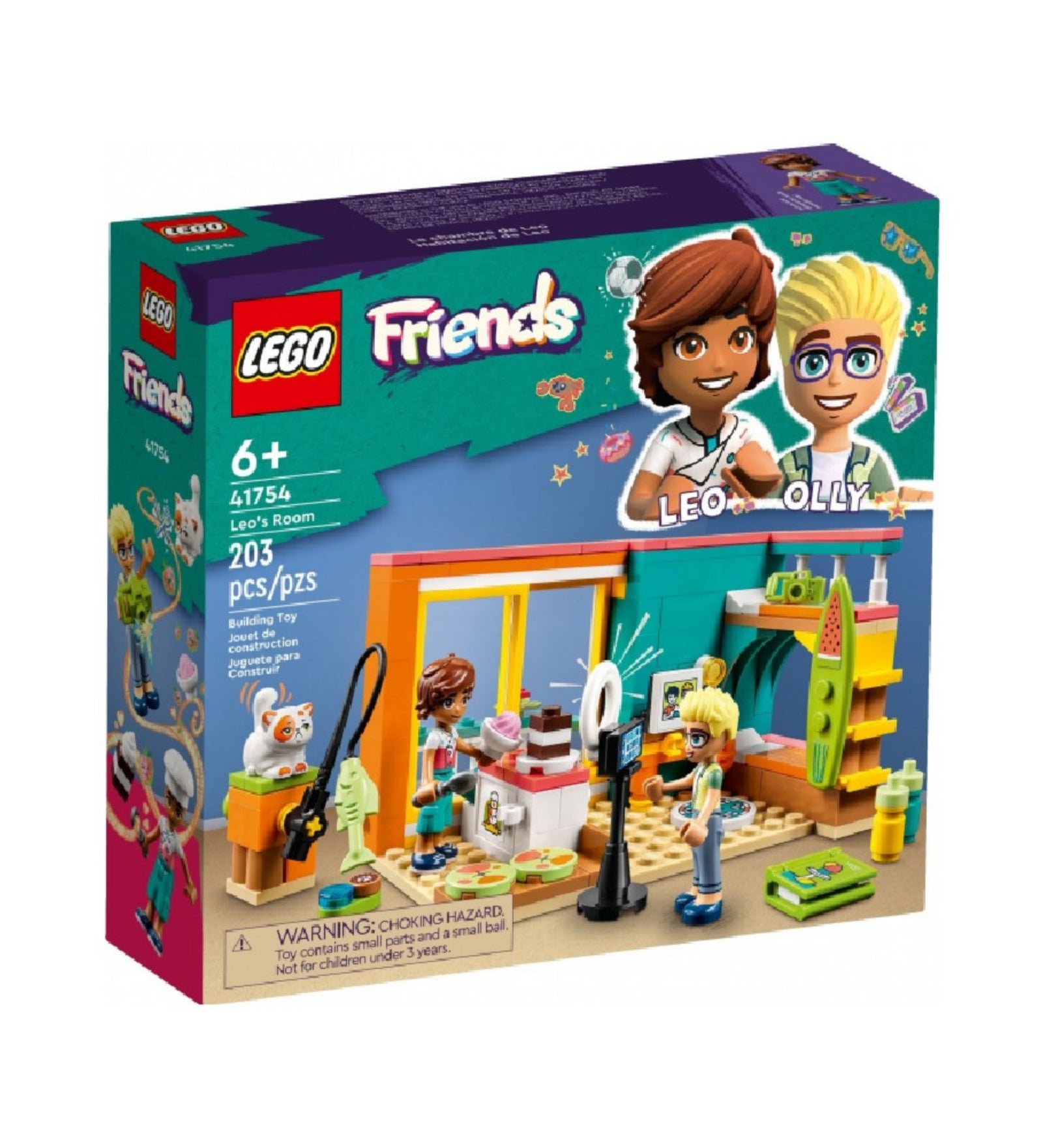 LEGO Friends 41754 Leo's Room – a hivatalos doboz 203 darabos szettként, 6 éves kortól ajánlva. A dobozon Leo és Olly illusztrált portréja, valamint a játékos szobabelső szerepel, kamerával, sütikkel, szörfdeszkával, macskával és sportkiegészítőkkel.