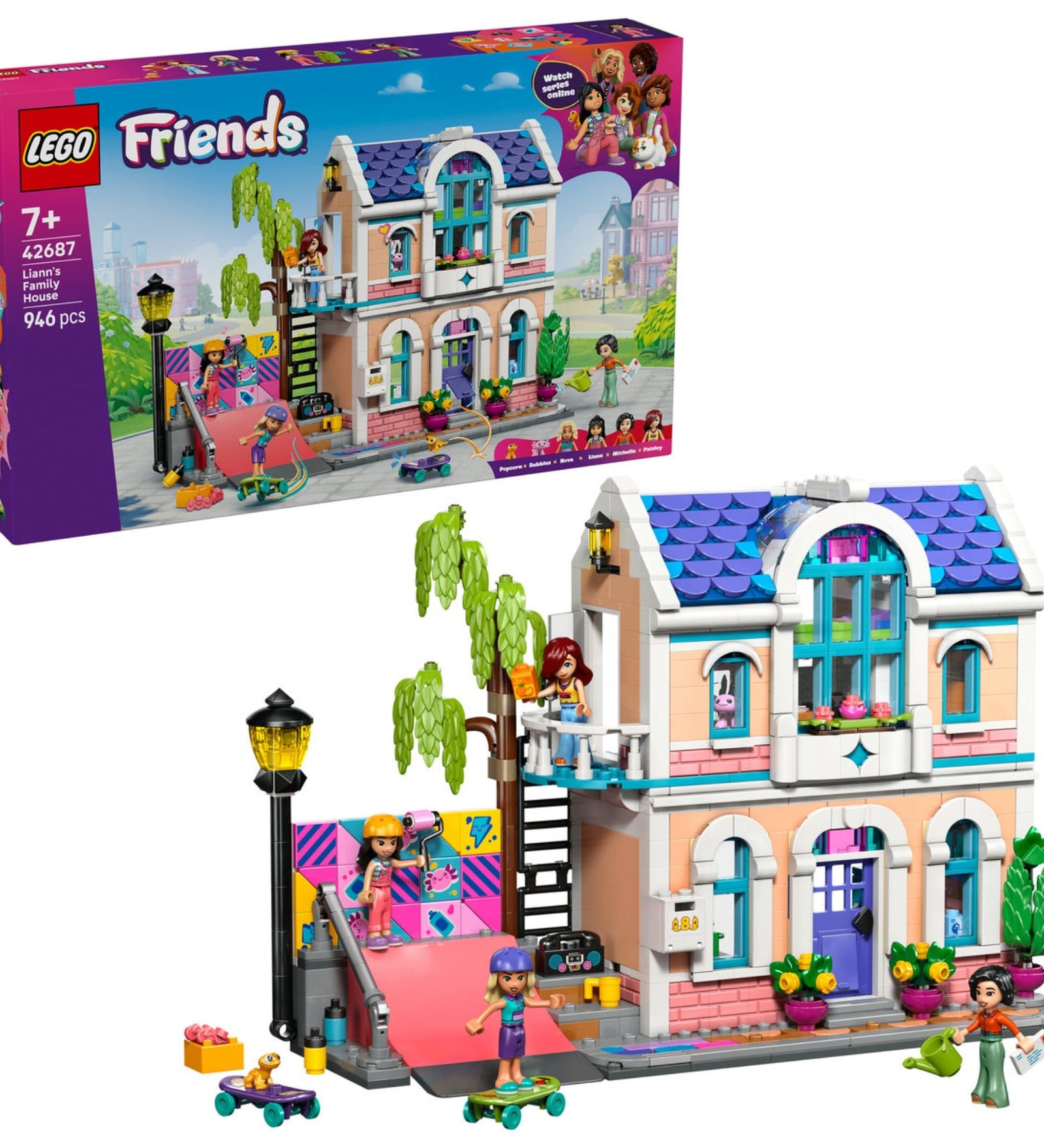 LEGO Friends Liann’s Family House (42687) megépített családi ház erkélyekkel, létrával és kültéri kiegészítőkkel.