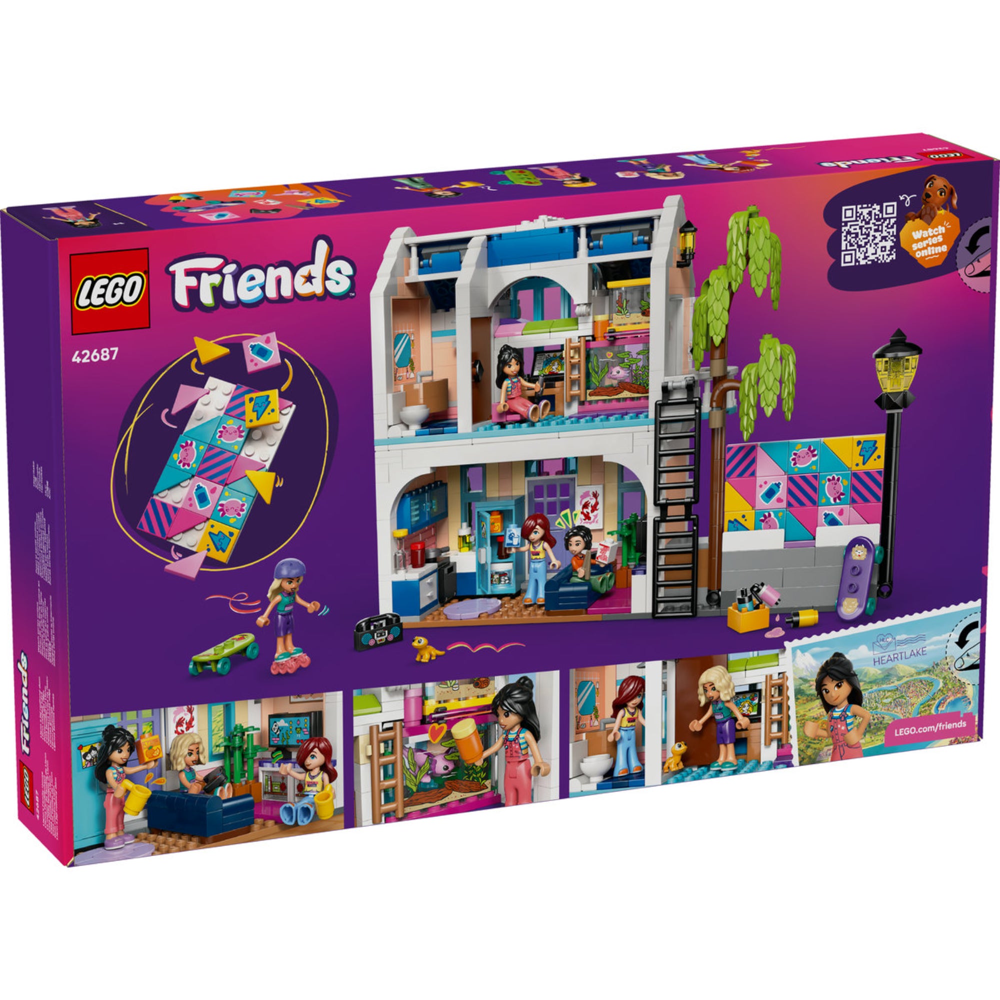LEGO Friends Liann’s Family House (42687) hátoldali dobozkép, kétszintes ház belső terekkel és gördeszkás jelenettel.