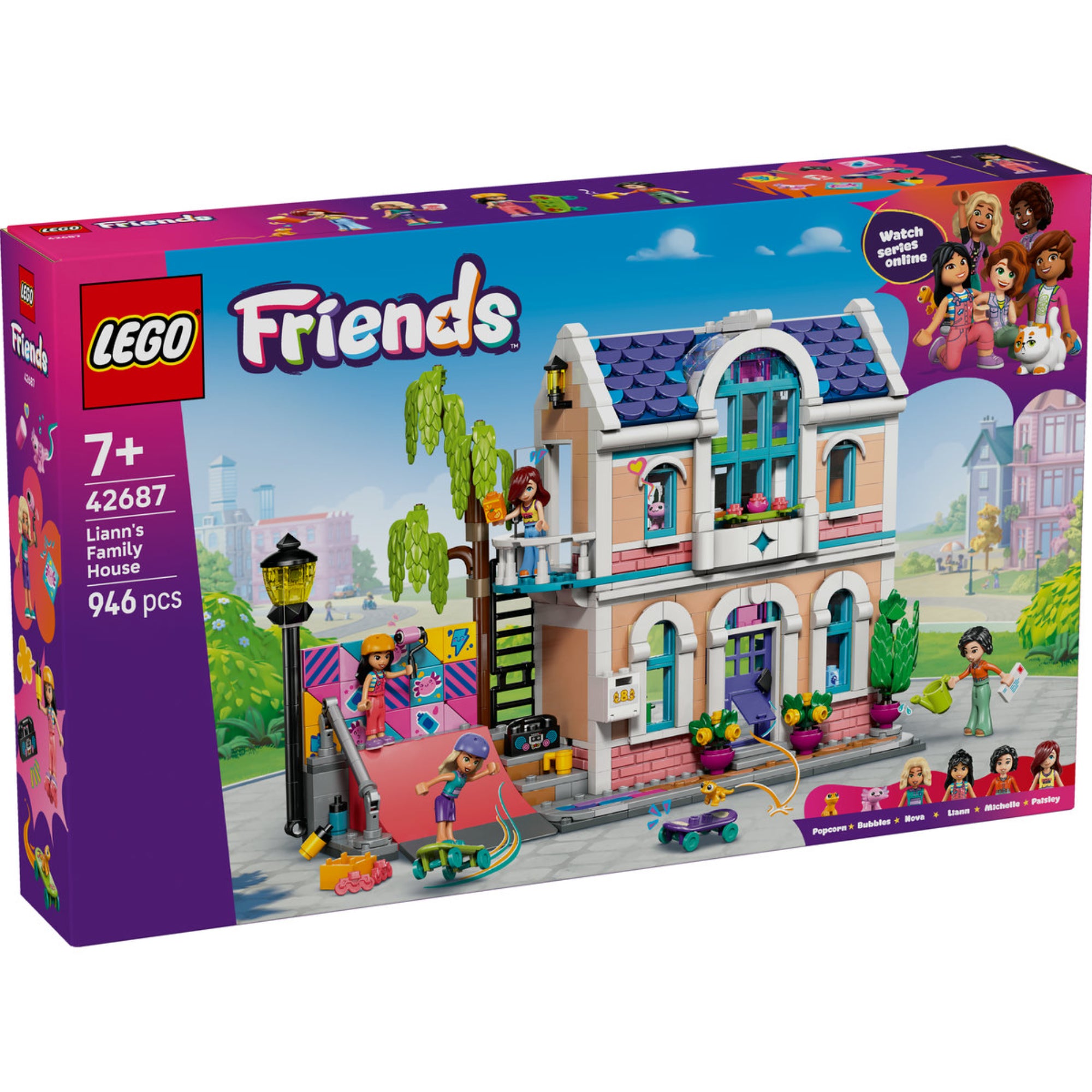 LEGO Friends Liann’s Family House (42687) elölnézeti dobozkép, 7+ korosztály, 946 darabos készlet.