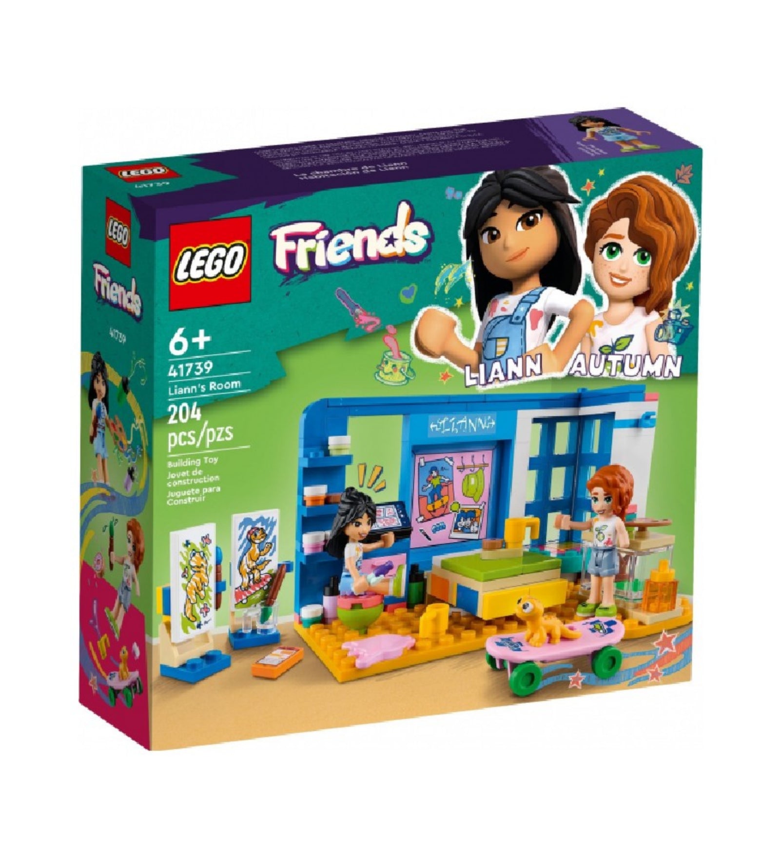 LEGO Friends 41739 Liann’s Room – hivatalos dobozkép, amely bemutatja a 204 darabos készletet, 6 éves kortól ajánlva. A doboz bal oldalán Liann és Autumn portréi láthatók, a középen elhelyezett játékjelenet festéssel, bútorokkal és kisállattal díszített szoba belsőt mutat.