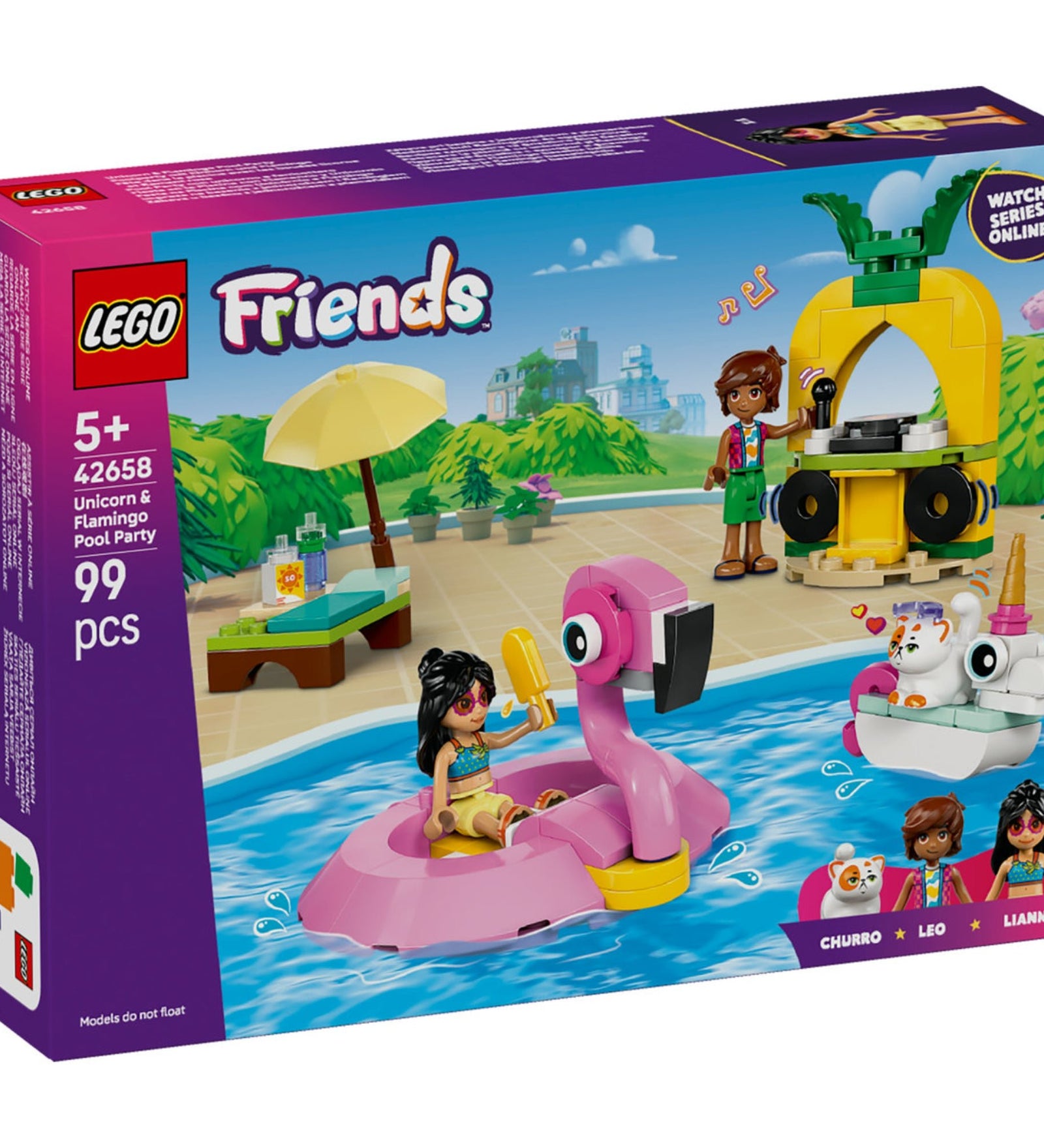 A LEGO Friends: Unicorn & Flamingo Pool Party (42658) doboza, amelyen Liann ül egy rózsaszín flamingó úszógumiban, Leo DJ-zik az ananász formájú pult mögött, és Churro, az unikornis úszógumiban ülő cica is látható.