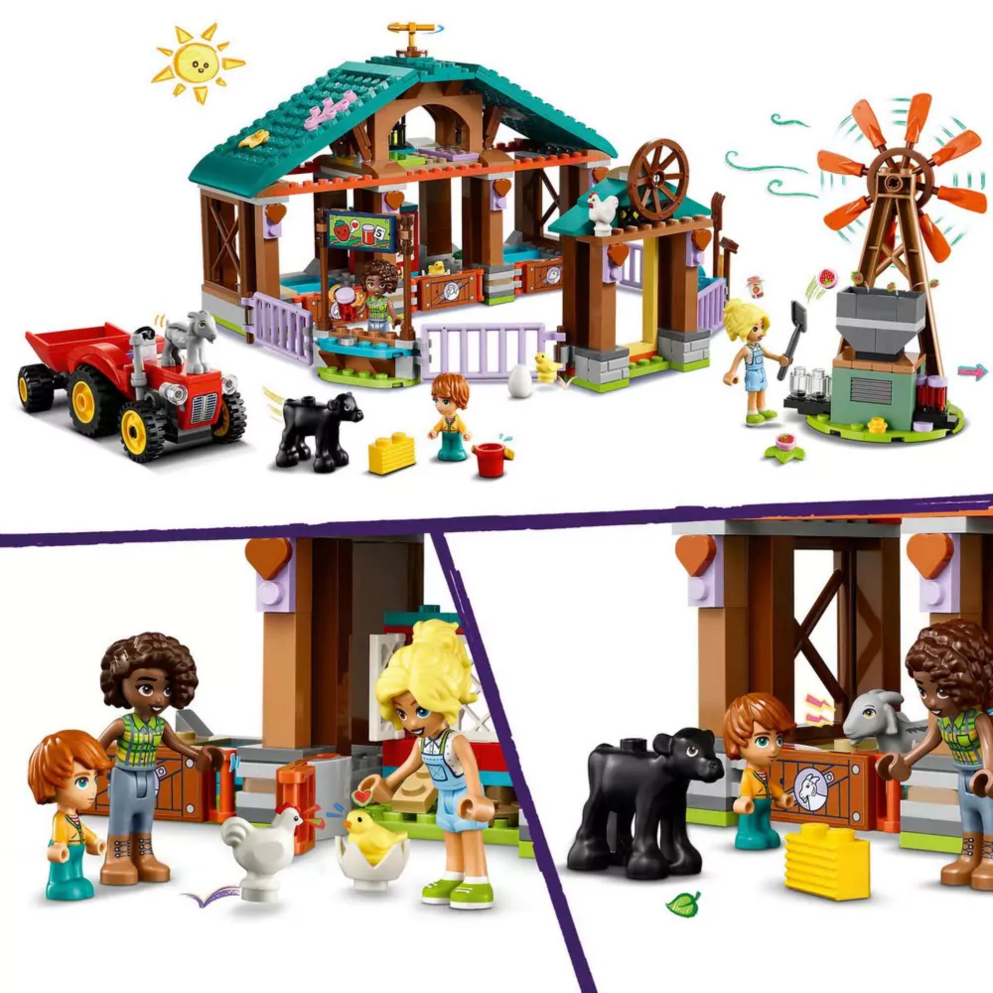 Több panelből álló kép, amely a LEGO állatmenhely hátsó oldalát és a napi feladatokat jeleníti meg. A szereplők épp állatokat etetnek, karámot takarítanak, vagy friss zöldségekkel látják el a lakókat. A részletek, mint a mosolygó nap és az interaktív kiegészítők, játékos, gyerekbarát hangulatot kölcsönöznek.